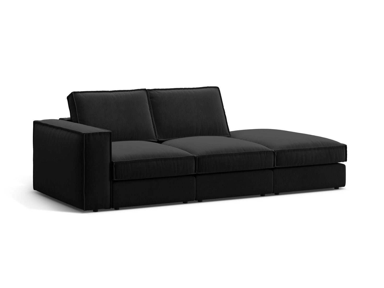 Elegantes 3-Sitzer Sofa Pola mit offenem Ende rechts in stilvollem Schwarz, ideal für moderne Wohnräume, erhältlich bei KAQTU Design AG.