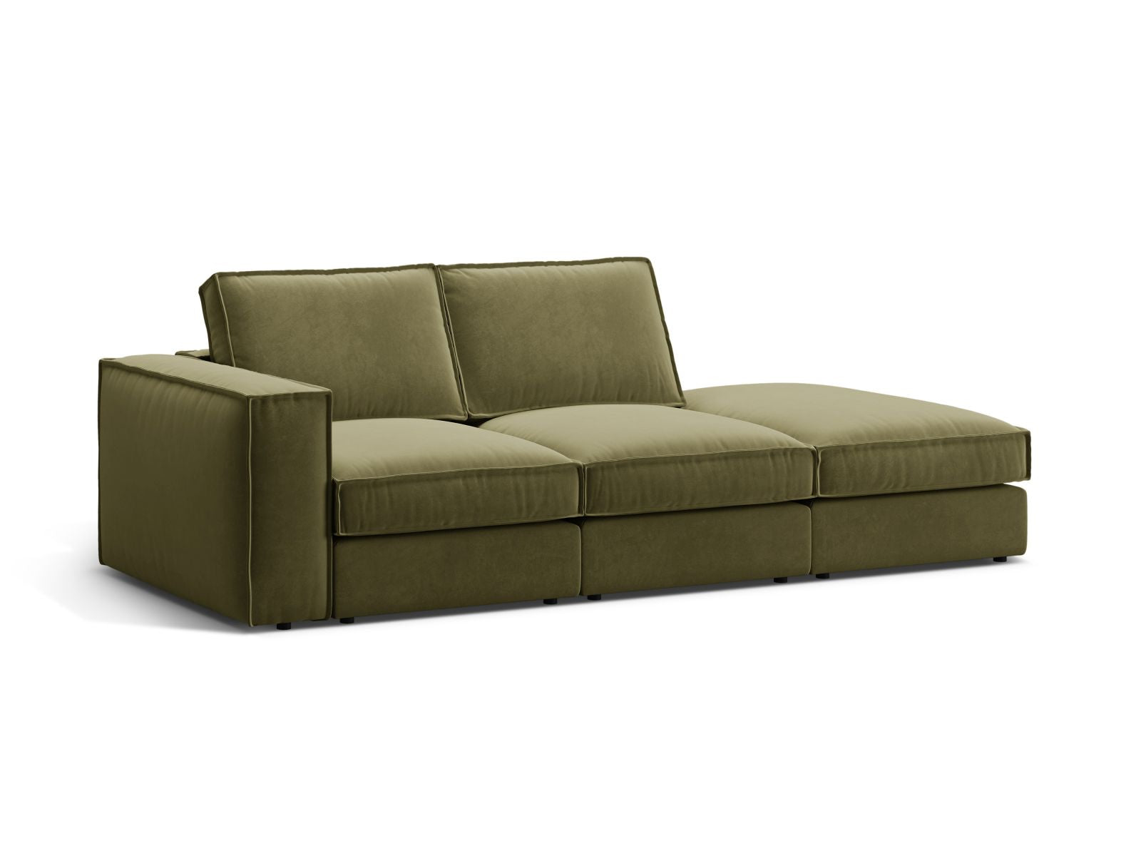 Elegantes 3-Sitzer Sofa Pola mit offenem Ende rechts in stilvollem Green-Salvador, ideal für moderne Wohnräume.