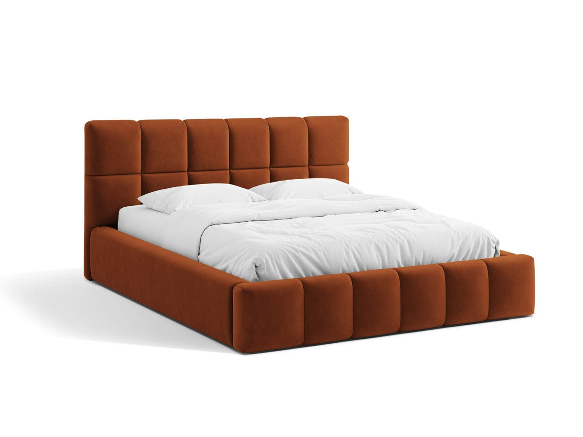 Bellis Ablagebett mit Kopfteil von Micadoni in Gelb, Bezug aus Bluvel-Stoff, schwarze Kunststoffbeine, gepolstertes Kopfteil mit Ziernähten.