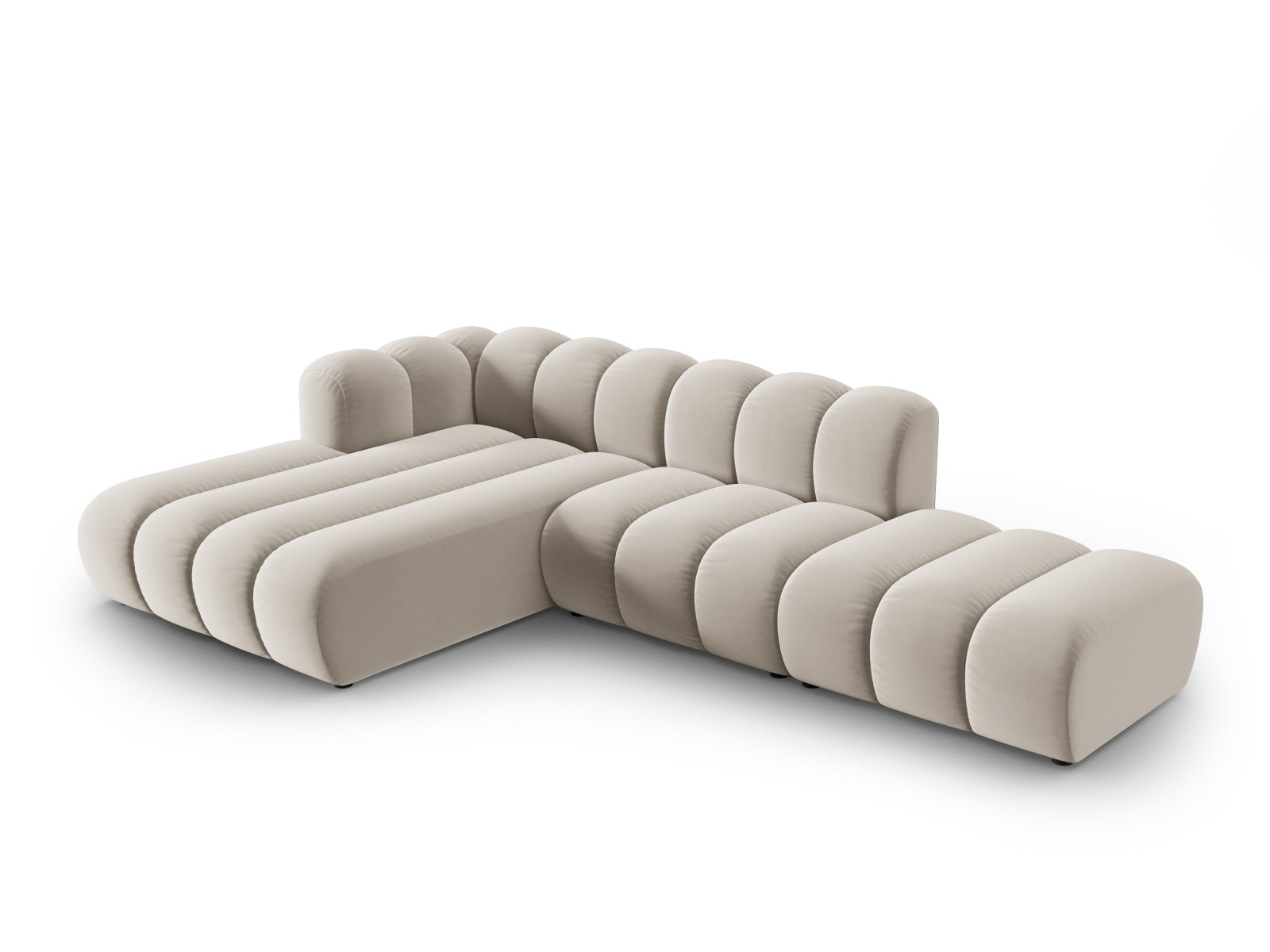 Beige Velour Ecksofa von Micadoni, modulares 5-Sitzer L-Sofa, offen links, stilvolles Design für modernes Wohnen.