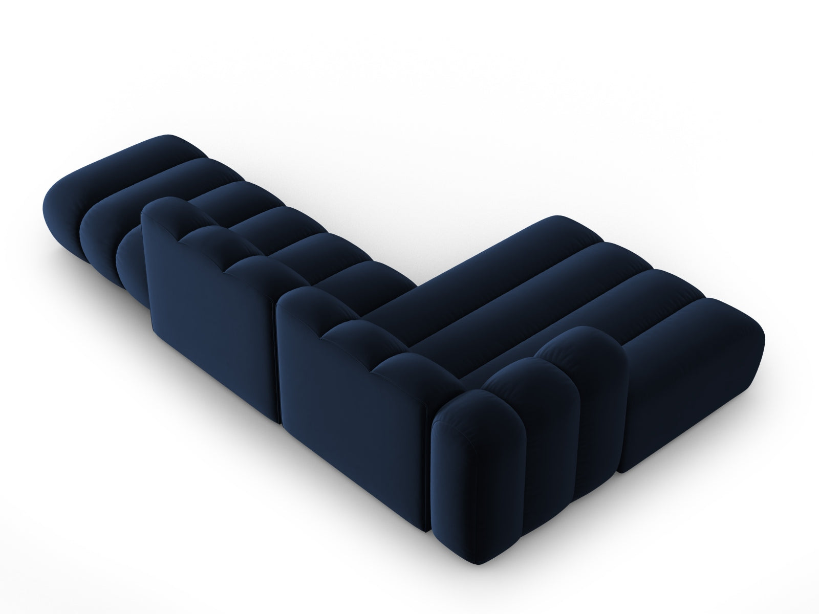 Elegantes, modulares Ecksofa in Royal Blue, 5-Sitzer mit weichem Velour, ideal für stilvolle Wohnräume und entspannte Stunden.