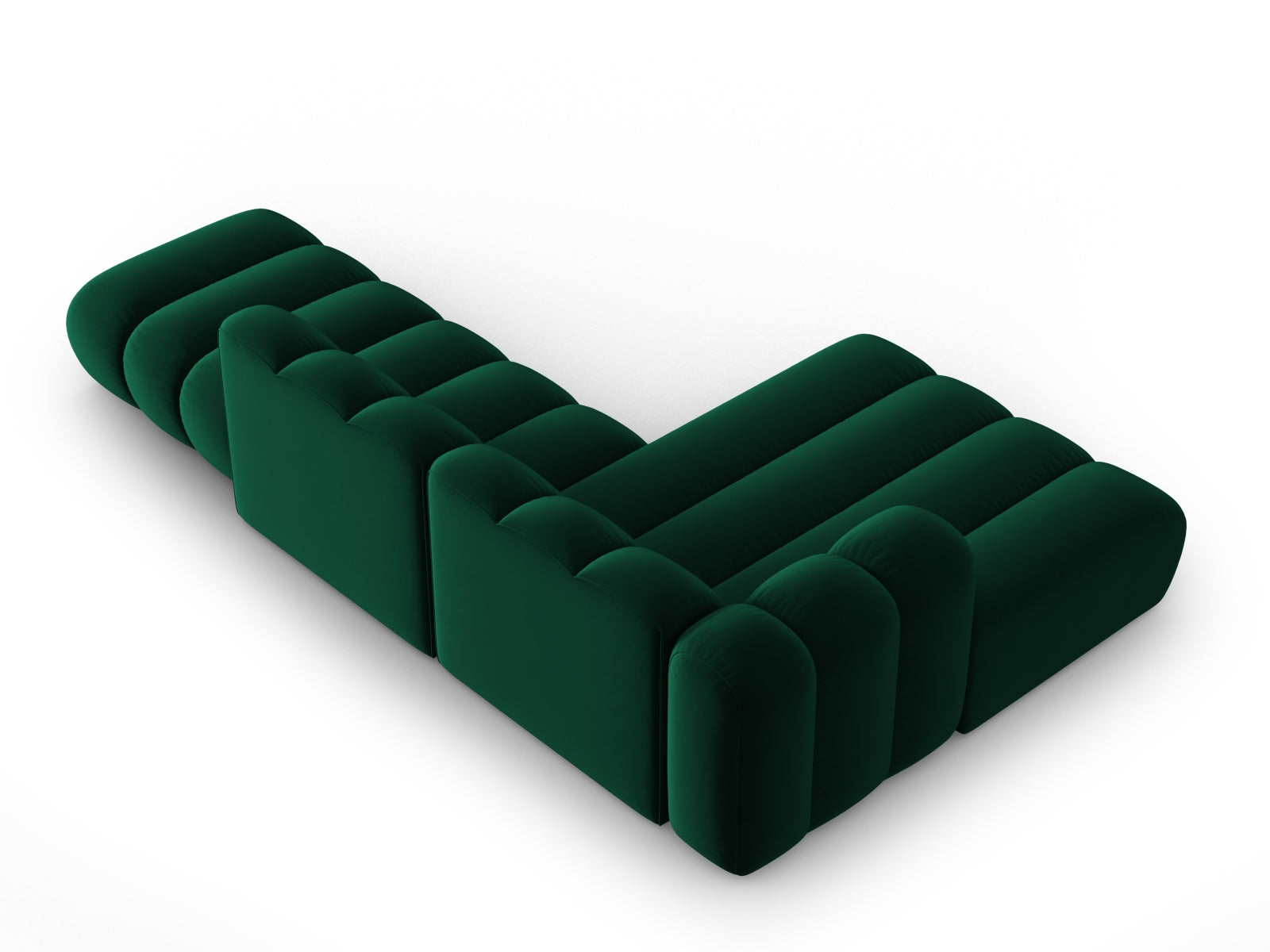 Elegantes, modulares Ecksofa Lupine in tiefem Flaschengrün, 5-Sitzer, linksseitig, ideal für stilvolle Wohnräume von Micadoni.