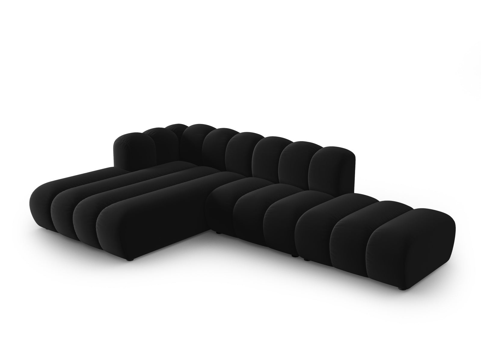 Elegantes, modulares Ecksofa in Velours mit 5 Sitzen, offen links, ideal für stilvolle Wohnräume. Hochwertige Verarbeitung von Micadoni.
