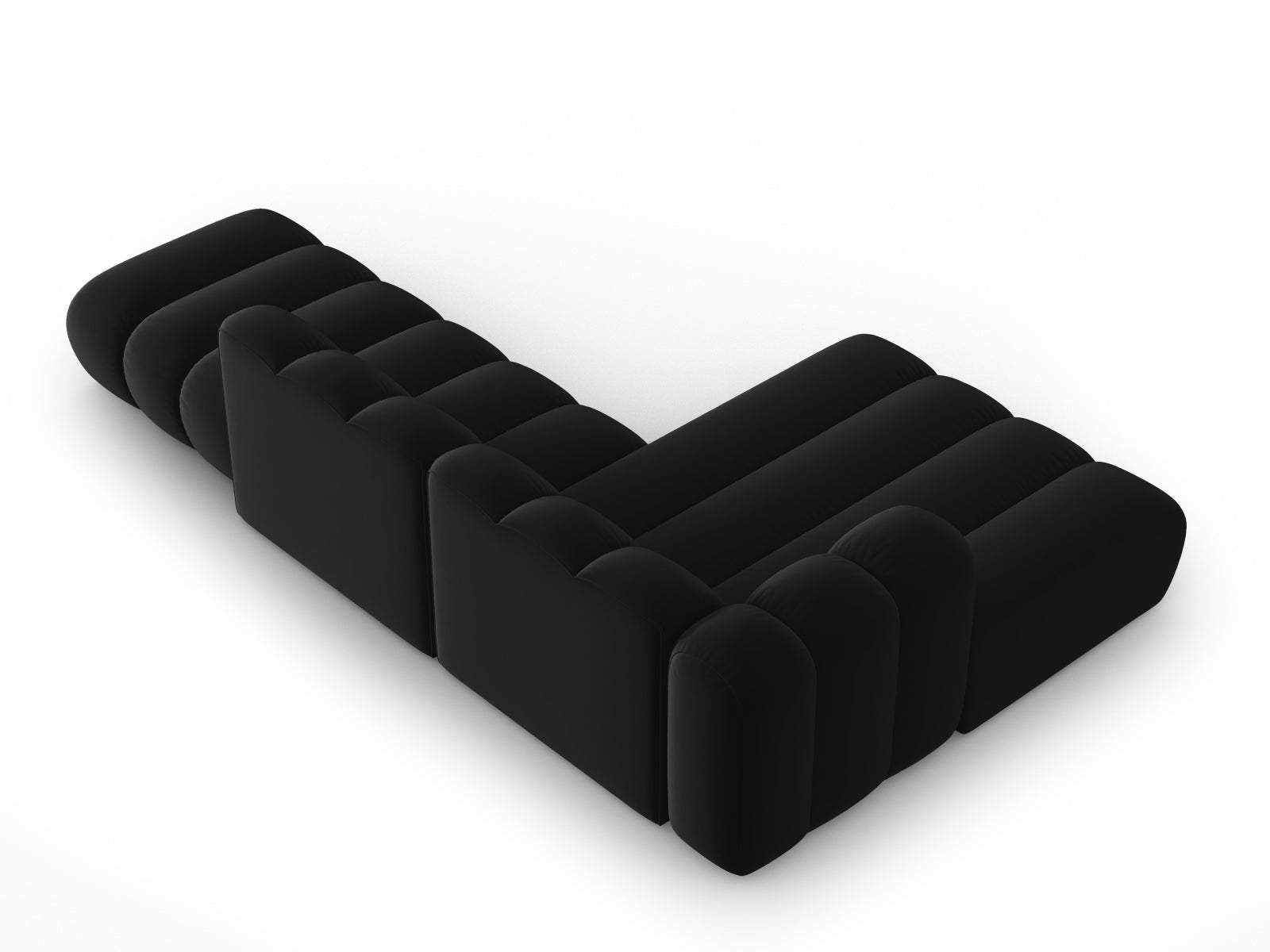 Elegantes, modulares L-Sofa in weichem Velours, 5-Sitzer, offen links, ideal für stilvolle Wohnräume und gemütliche Abende.