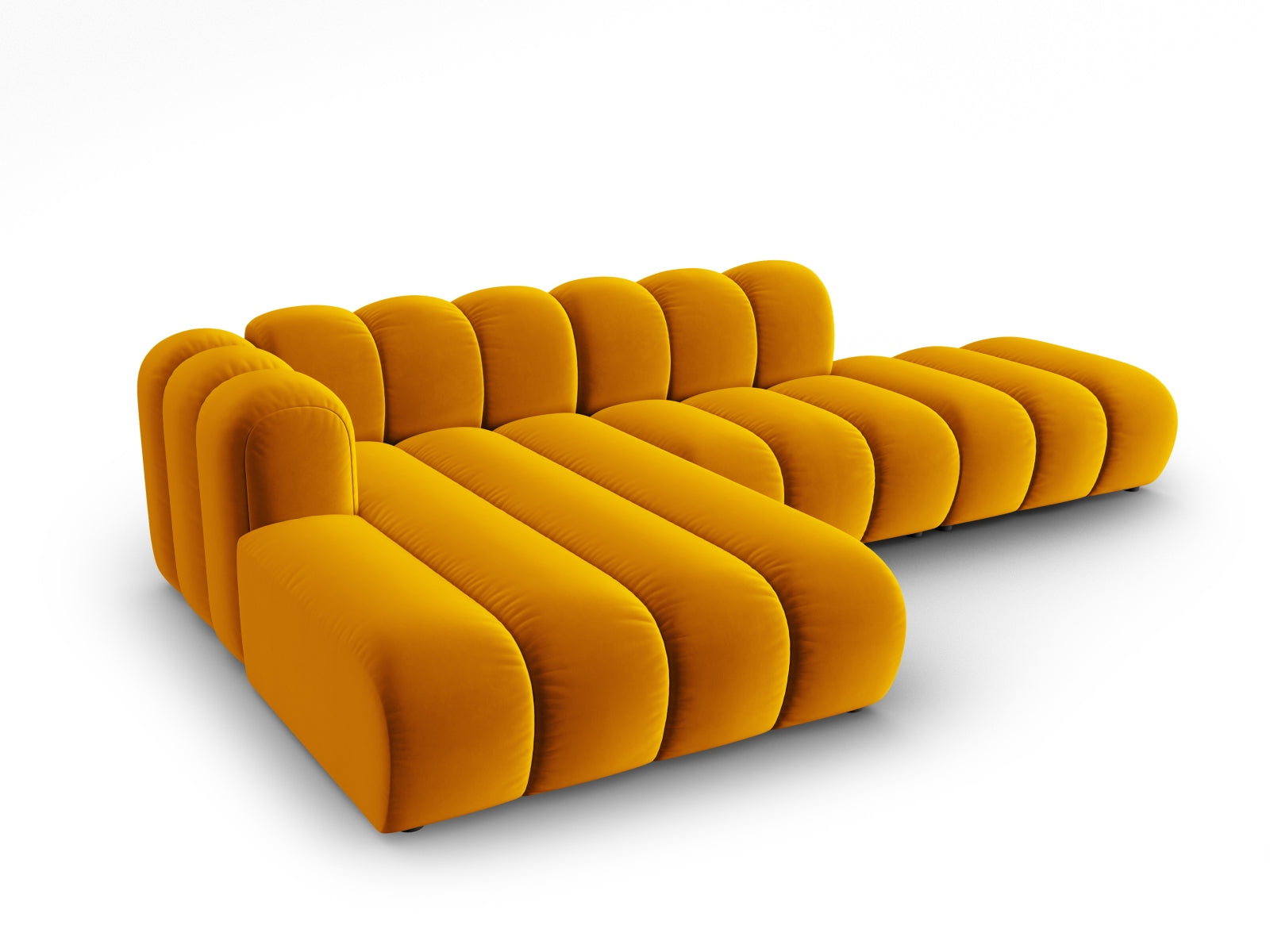 Modulares L-Sofa in hochwertigem Velours, 5-Sitzer, offen links, in leuchtendem Gelb, perfekt für moderne und elegante Wohnkonzepte.