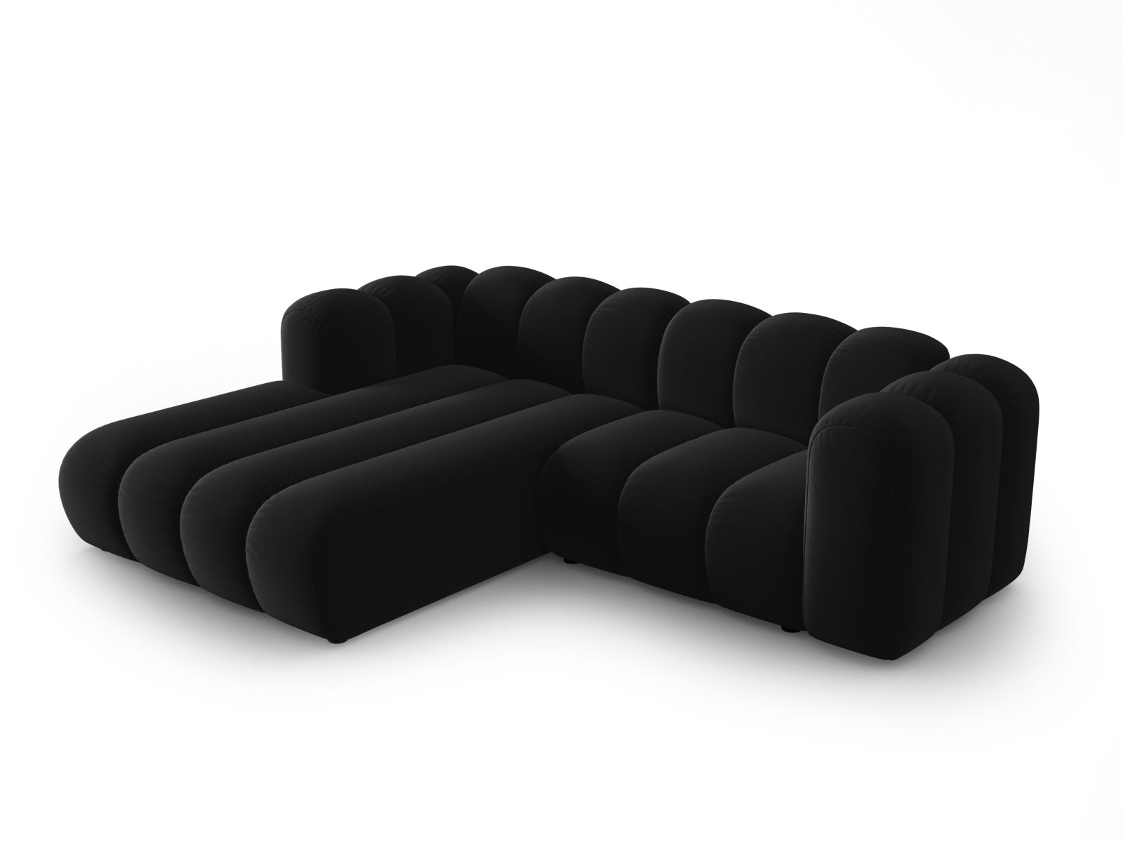 Elegantes, modulares Ecksofa in Velours, linksseitig, 3-Sitzer, ideal für stilvolle Wohnräume, präsentiert von Micadoni.