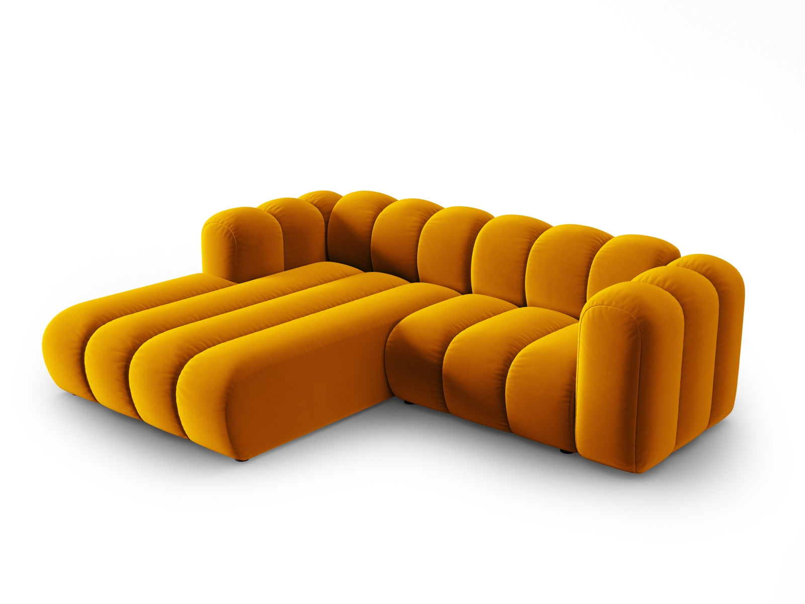 Elegantes, modulares Ecksofa in Velours mit 3 Sitzen, linksseitig, in strahlendem Gelb, ideal für stilvolle Wohnräume.