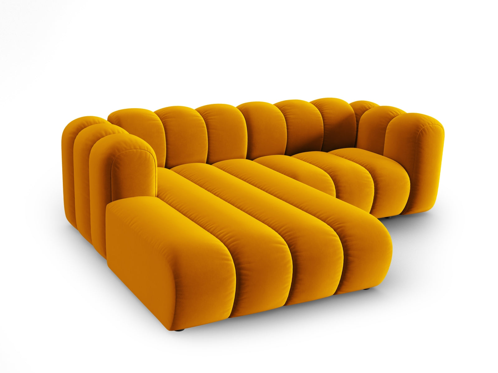 Modulares L-Sofa in luxuriösem Velours, 3-Sitzer, linksseitig, in leuchtendem Gelb, perfekt für moderne und elegante Wohnkonzepte.