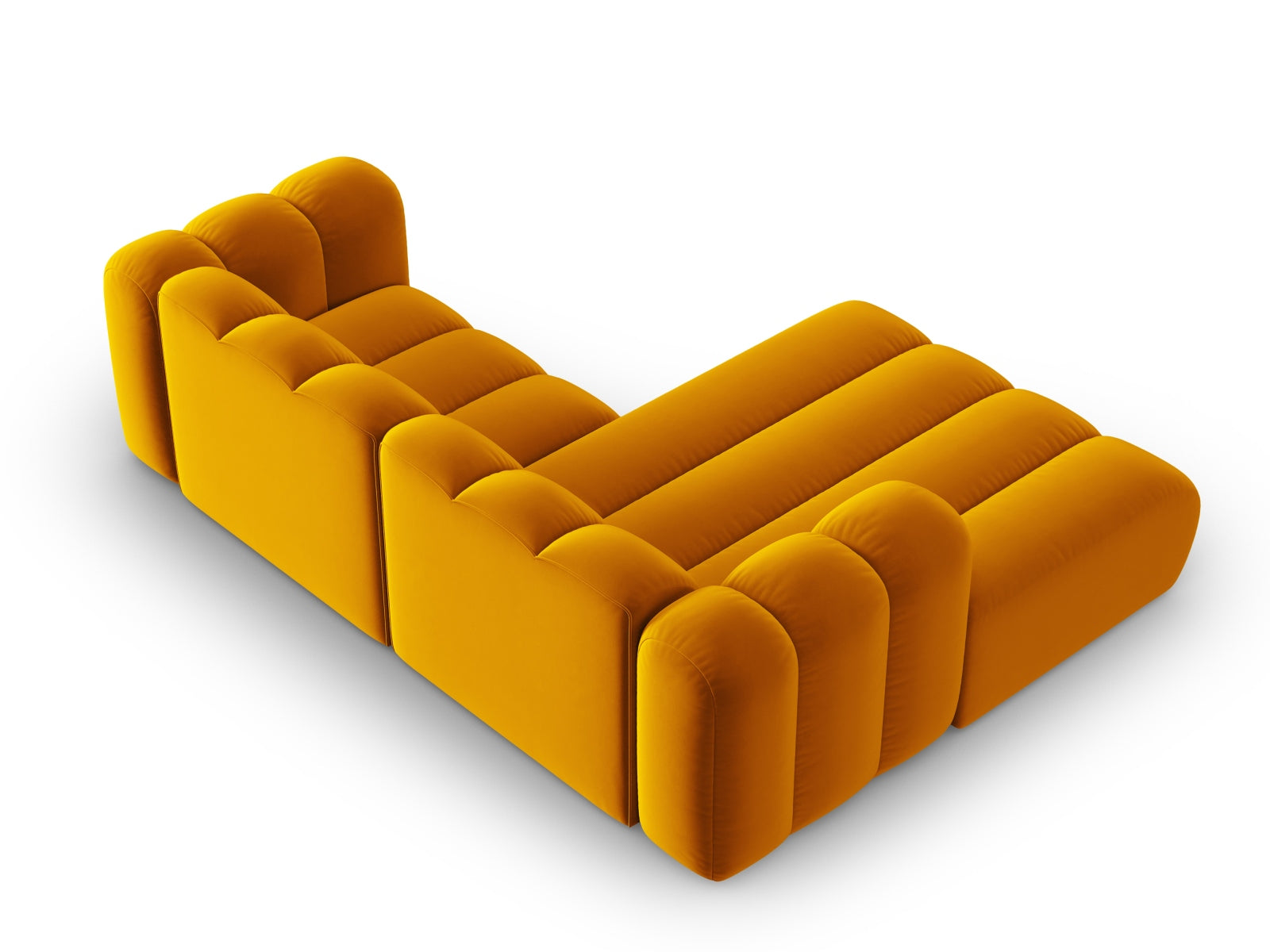 Elegantes, modulares Ecksofa in hochwertigem Velours, 3-Sitzer, linksseitig, strahlendes Gelb, ideal für stilvolle Wohnräume.