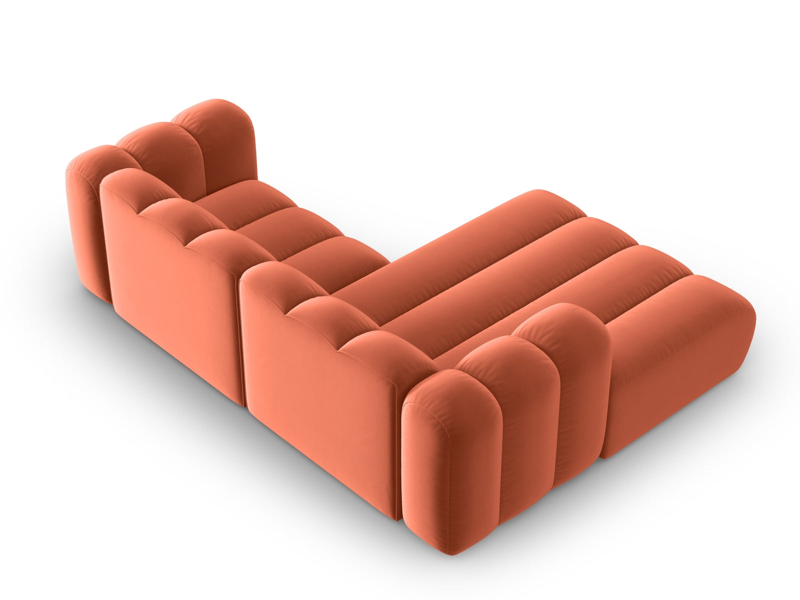 Elegantes, modulares Ecksofa in Velours-Optik, linksseitig, ideal für stilvolle und einladende Wohnräume.
