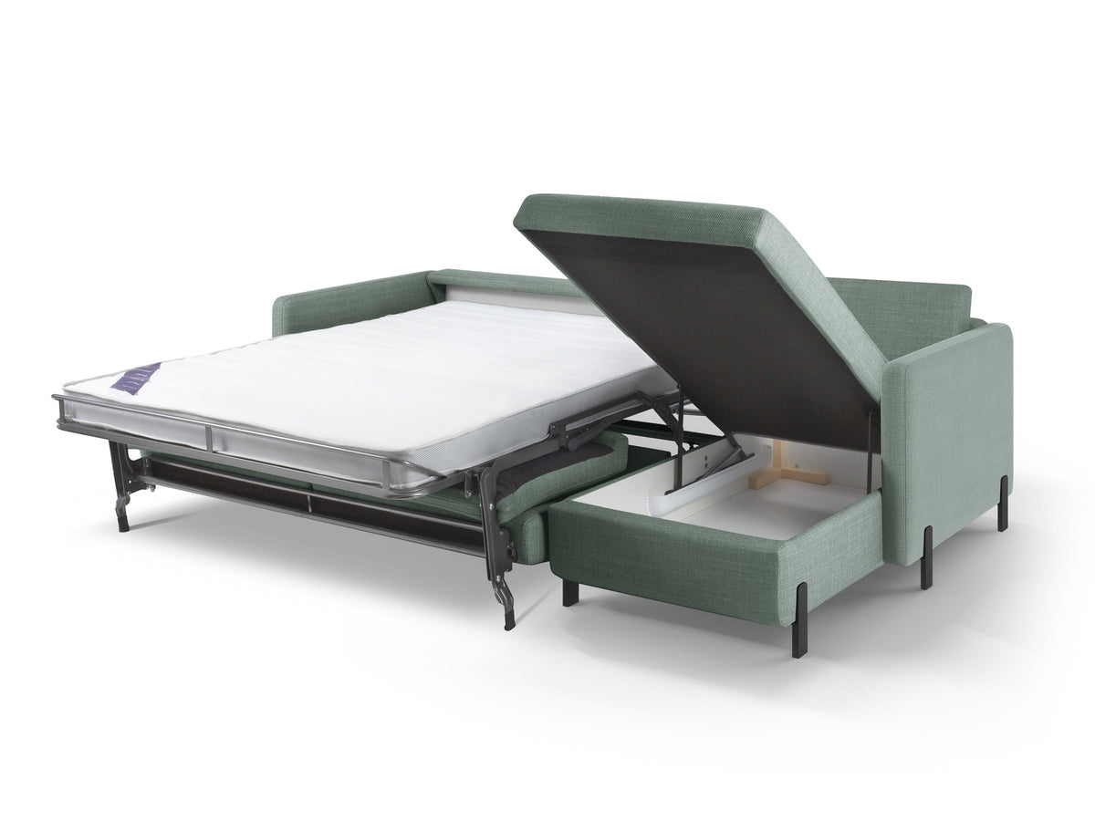 Gloria Ecksofa rechts mit Schlaffunktion und Stauraum 4 Sitzer in Mint-Bjorn präsentiert im Onlineshop von KAQTU Design AG. Bettsofa rechts ist von Micadoni