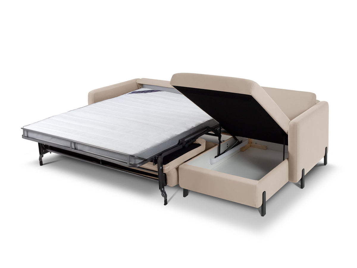 Gloria Velour Ecksofa rechts mit Schlaffunktion und Stauraum 4 Sitzer in Beige-Salvador präsentiert im Onlineshop von KAQTU Design AG. Bettsofa rechts ist von Micadoni