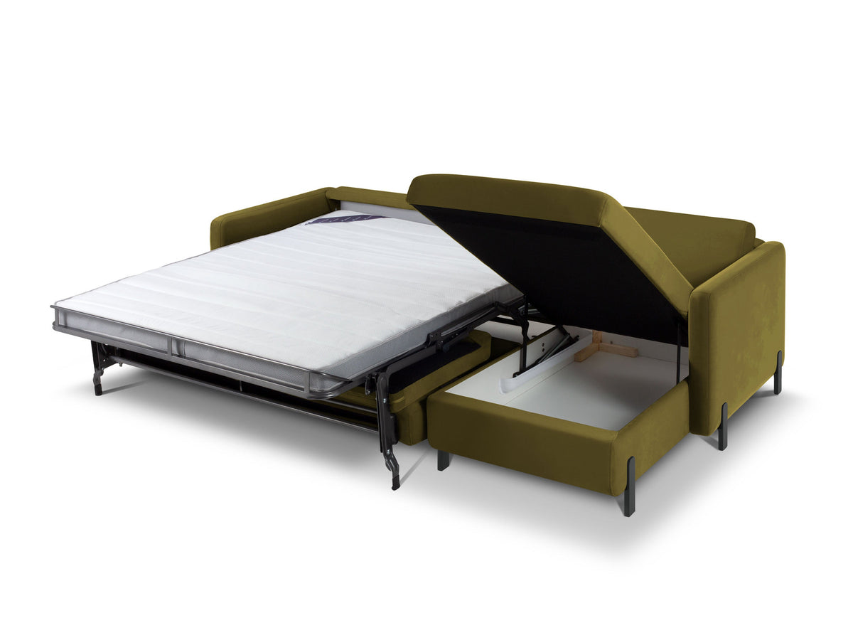Gloria Velour Ecksofa rechts mit Schlaffunktion und Stauraum 4 Sitzer in Green-Salvador präsentiert im Onlineshop von KAQTU Design AG. Bettsofa rechts ist von Micadoni