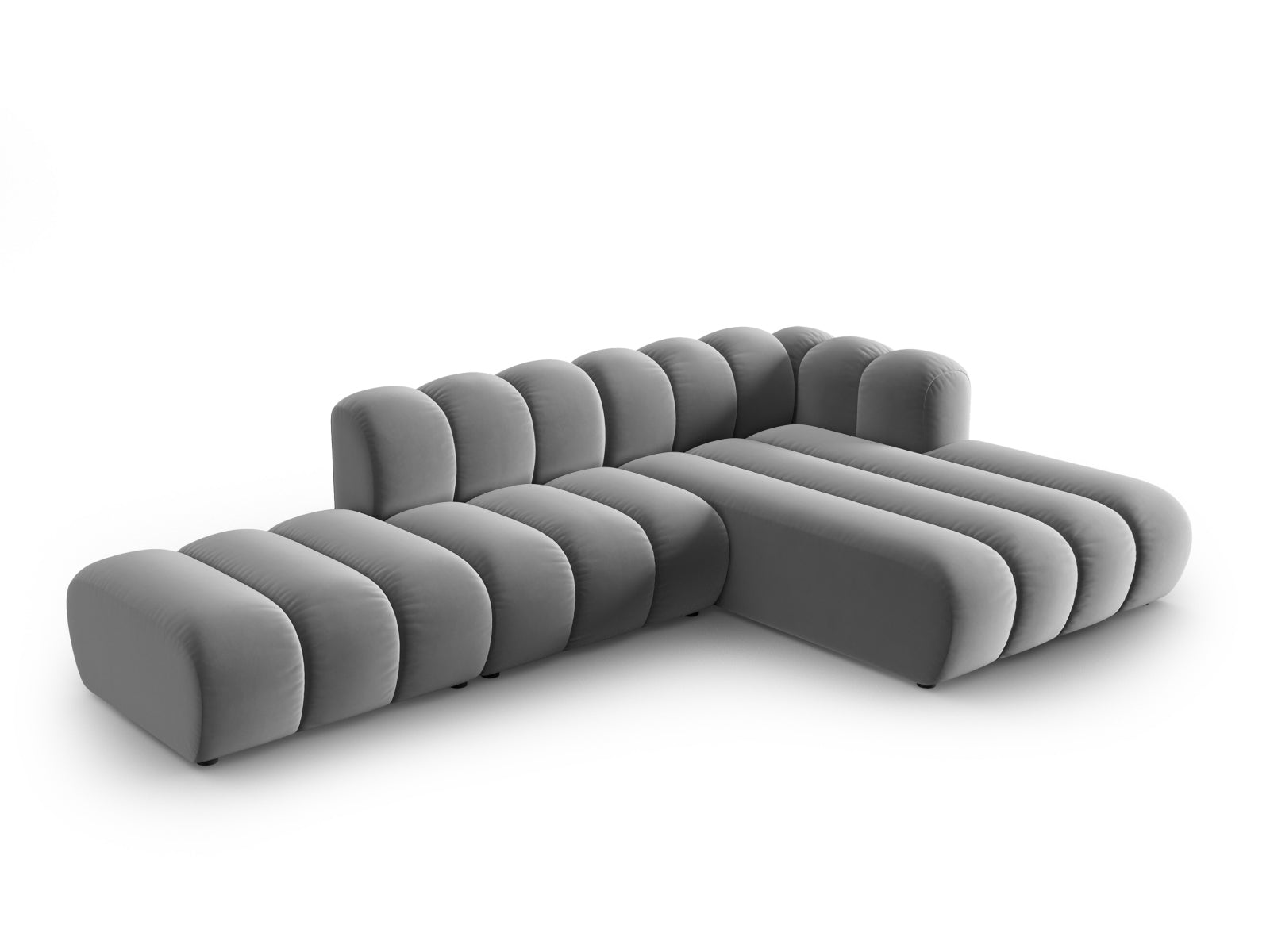 Elegantes, modulares Ecksofa in Velours mit offener rechter Seite, ideal für stilvolle Wohnräume. 5-Sitzer in modernem Grau.