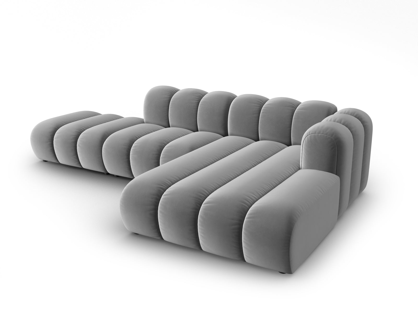 Modulares 5-Sitzer Ecksofa in hochwertigem Velours, offene rechte Seite, modernes Design in elegantem Grau für gemütliche Wohnatmosphäre.