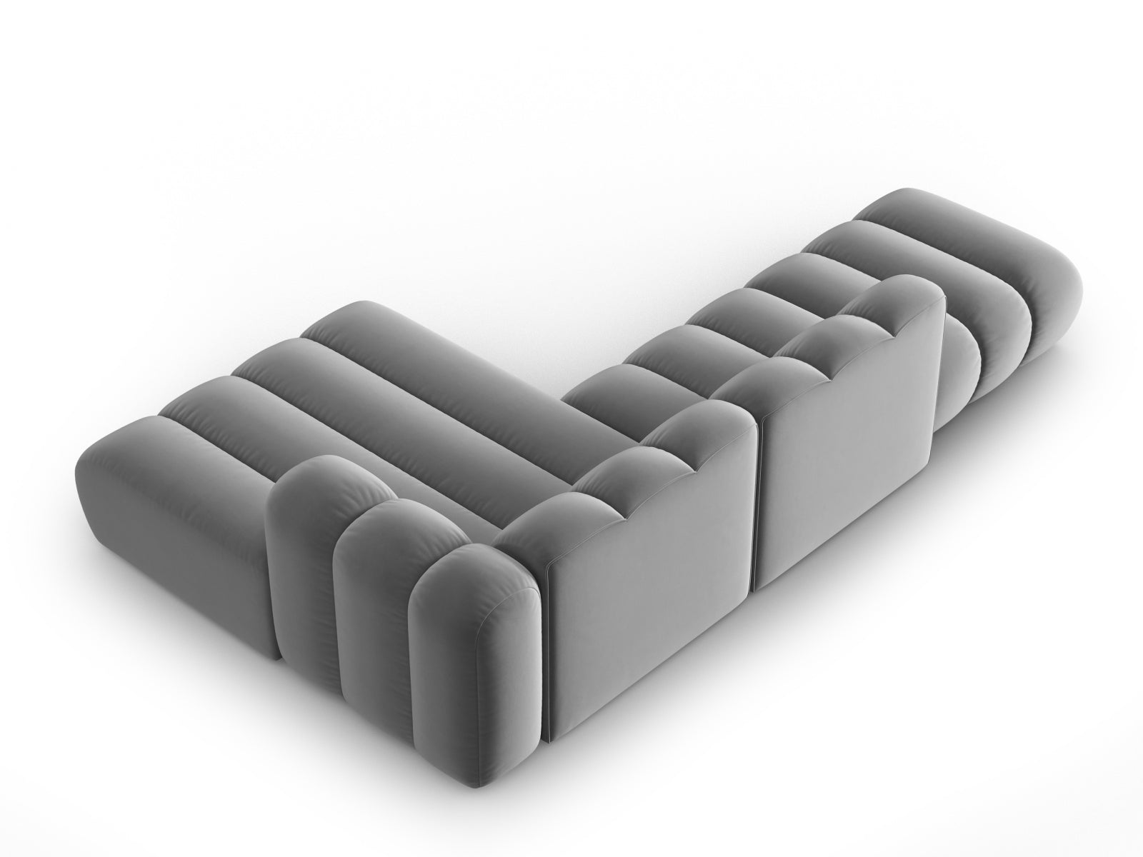 Elegantes, modulares Ecksofa in stilvollem Grau, 5-Sitzer mit offener rechter Seite, ideal für moderne Wohnräume und Komfort.