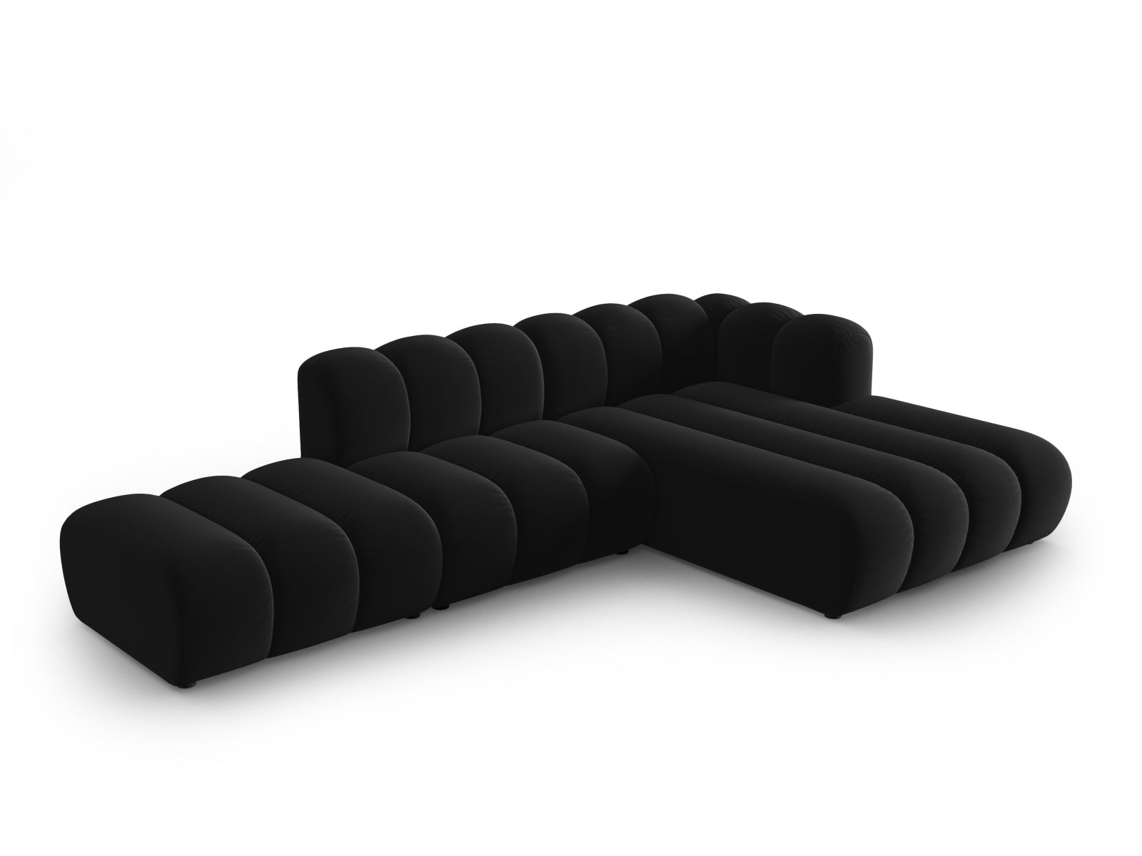 Elegantes, modulares Ecksofa in Velours mit offener rechter Seite, ideal für stilvolle Wohnräume. 5-Sitzer von Micadoni.