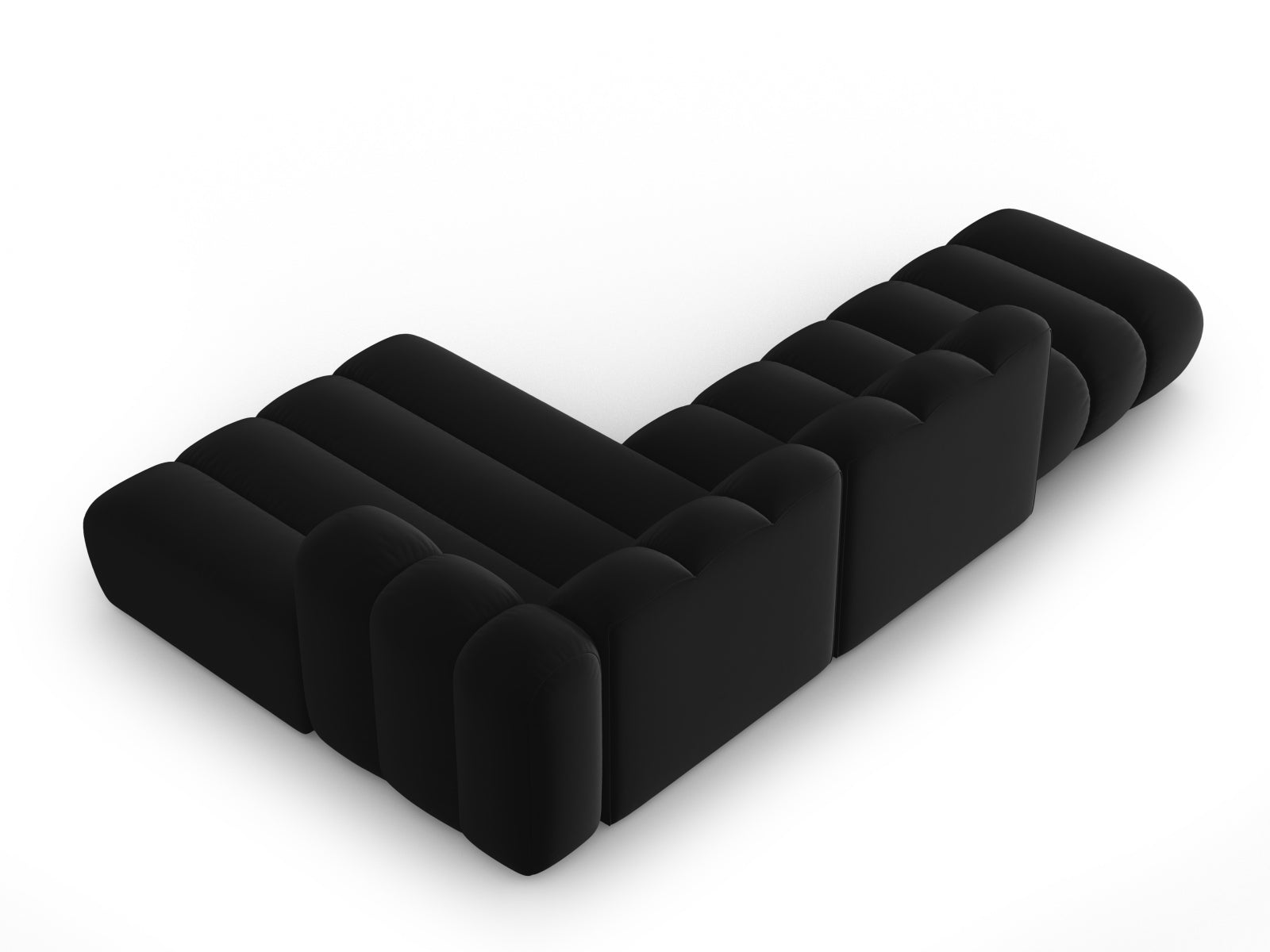 Elegantes 5-Sitzer Ecksofa aus weichem Velours mit offener rechter Seite, ideal für stilvolle und einladende Wohnräume von Micadoni.