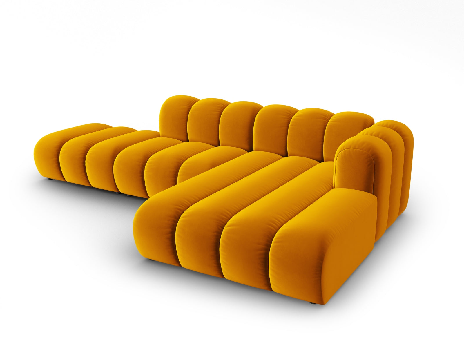 Modulares Ecksofa in hochwertigem Velours, 5-Sitzer, offen rechts, in leuchtendem Gelb, perfekt für moderne und stilvolle Wohnkonzepte.