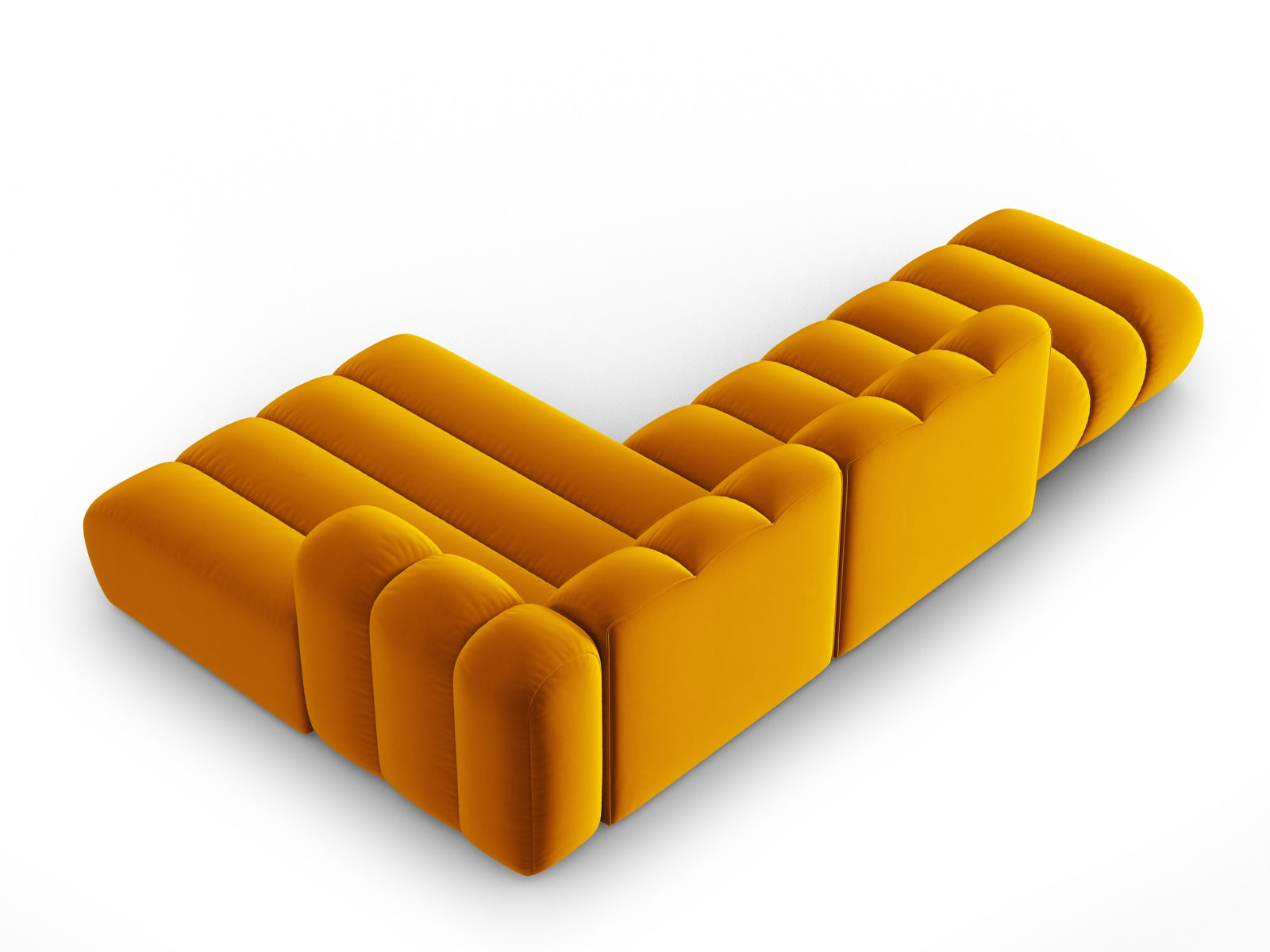 Elegantes, modulares Ecksofa in strahlendem Gelb, 5-Sitzer, offen rechts, ideal für ein modernes Wohnambiente und gemütliche Stunden.