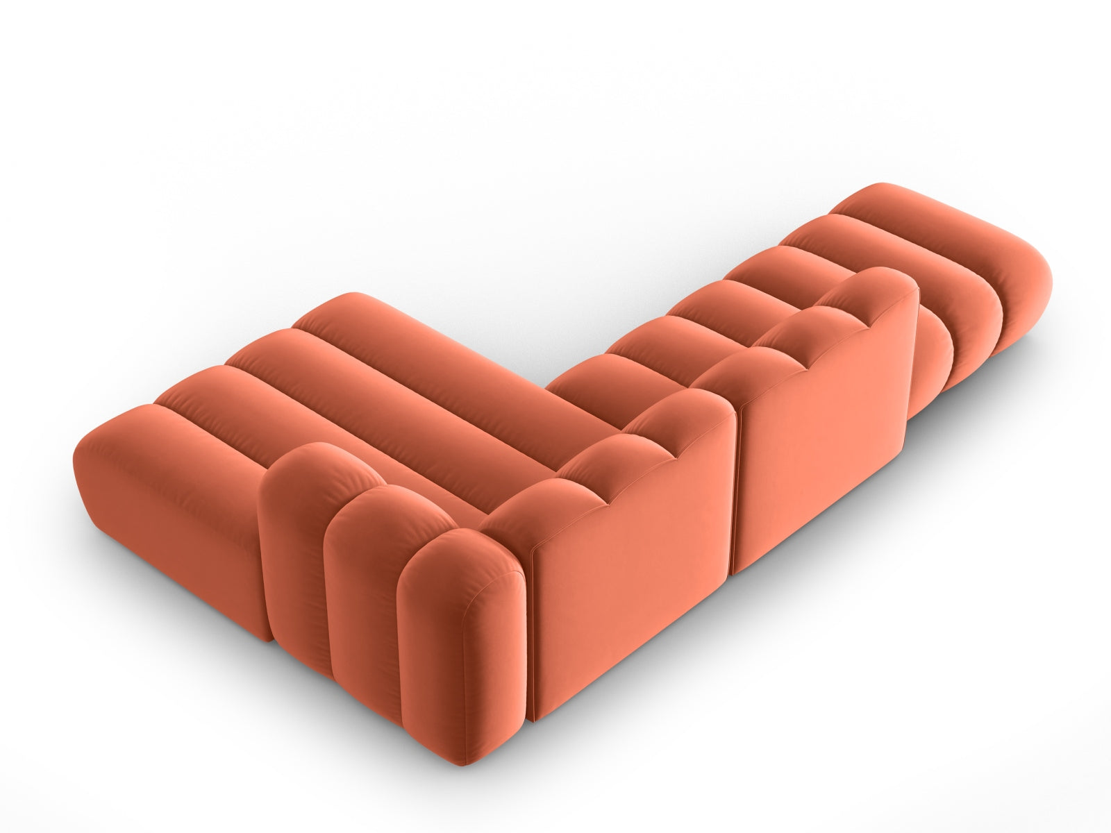 Elegantes 5-Sitzer Ecksofa in Coral-Salvador, modulares Design mit offener rechter Seite, ideal für stilvolle Wohnräume.
