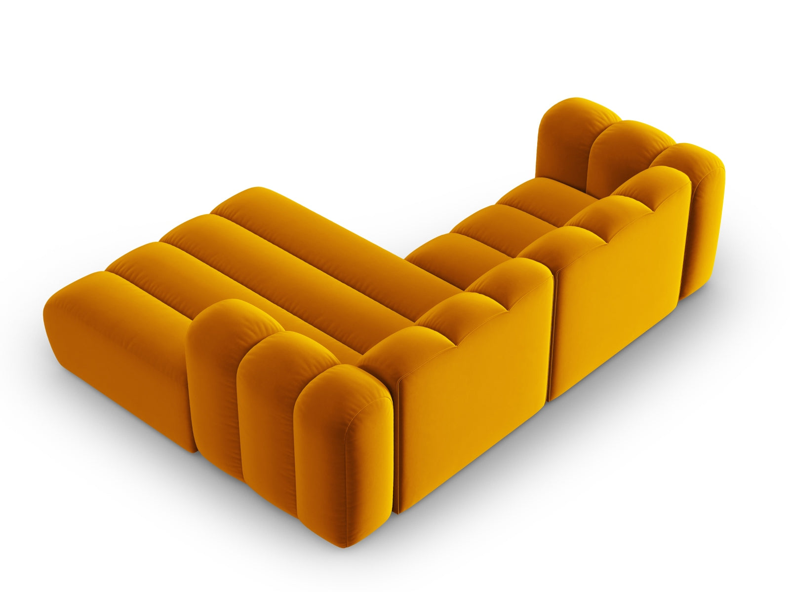 Elegantes, modulares Ecksofa in weichem Velours, 3-Sitzer, rechtsseitig, ideal für stilvolle Wohnräume und gemütliche Abende.