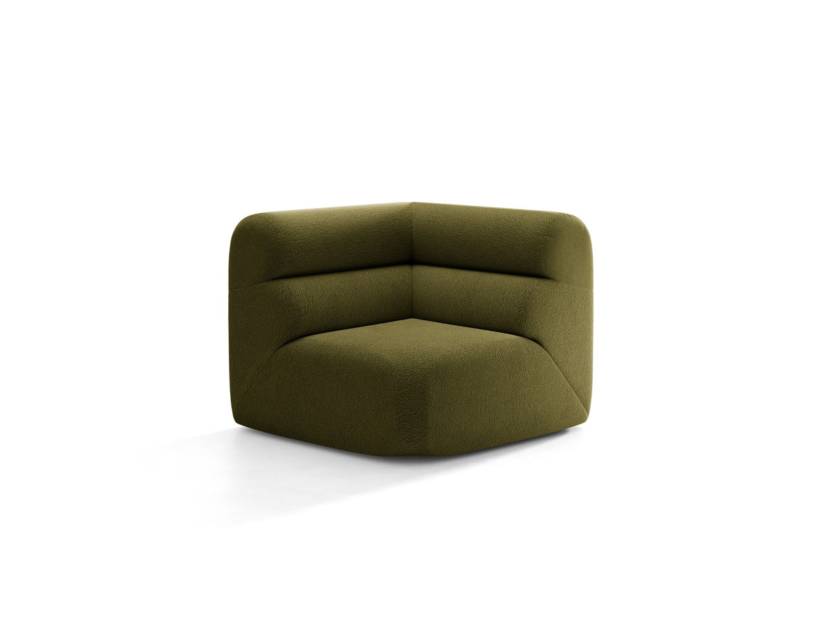 Eckmodul Neo von Micadoni in dunklem Olivgrün, gepolstertes modulares Sofa mit hoher Rückenlehne und schwarzen Kunststoffbeinen.