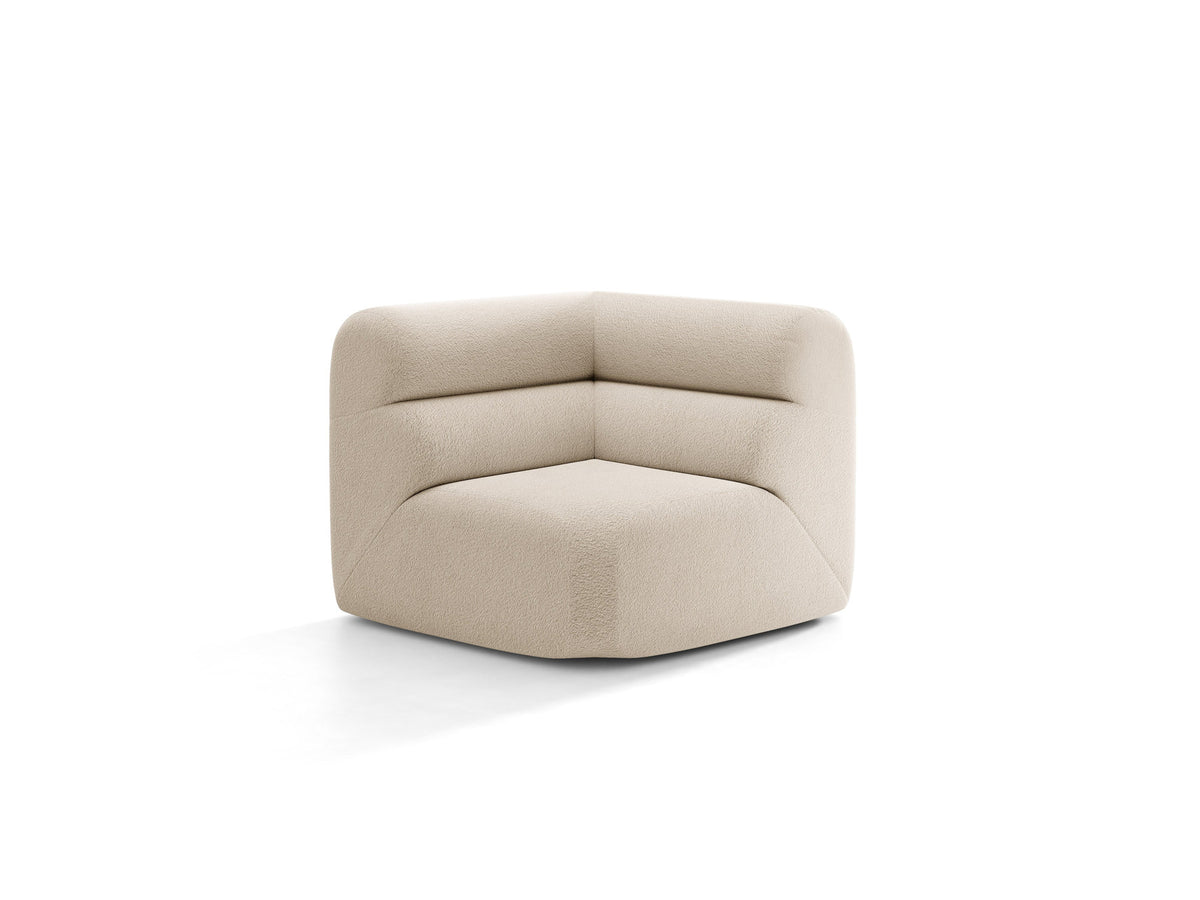 Eckmodul des Neo Sofas von Micadoni in dunklem Olivgrün, Bouclé-Stoff, schwarze Kunststoffbeine, tiefe Sitzfläche und hohe Rückenlehne.