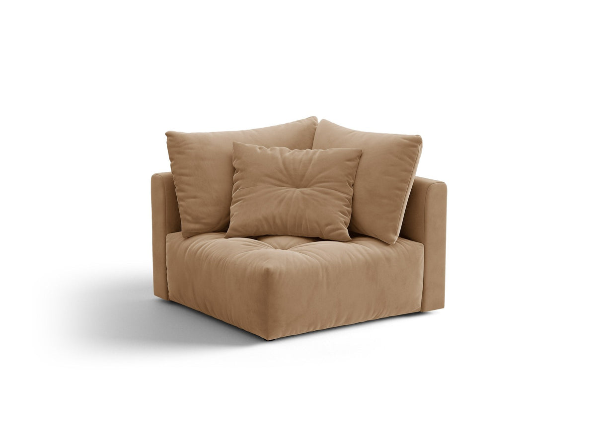 Eckmodul des Bloom Sofas von Micadoni in leichtem Beige, Bezug aus Casino Velours-Stoff, schwarze Kunststoffbeine, gepolsterte Rückenlehne.
