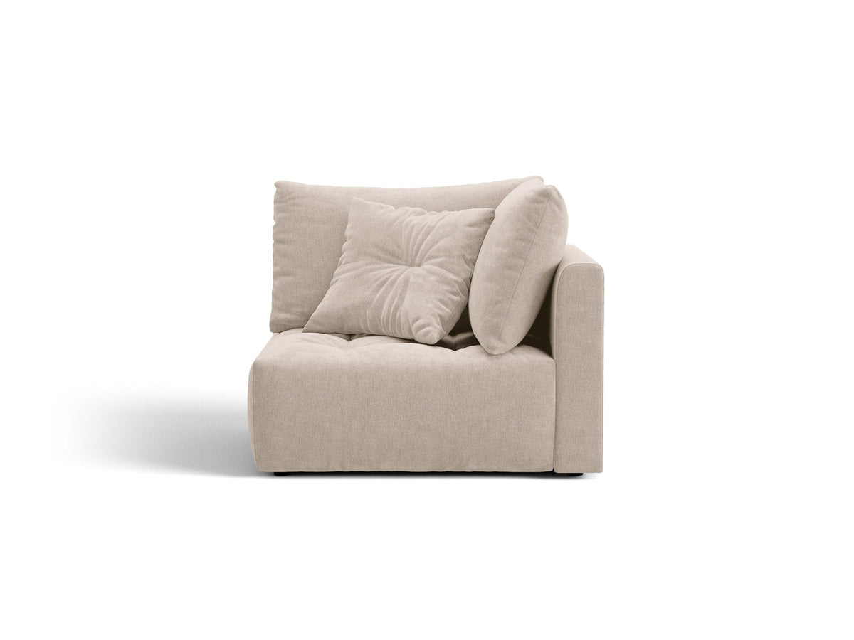 Eckmodul des Bloom Sofas von Micadoni in leichtem Beige, Bezug aus Casino Velours-Stoff, schwarze Kunststoffbeine, gepolsterte Rückenlehne.