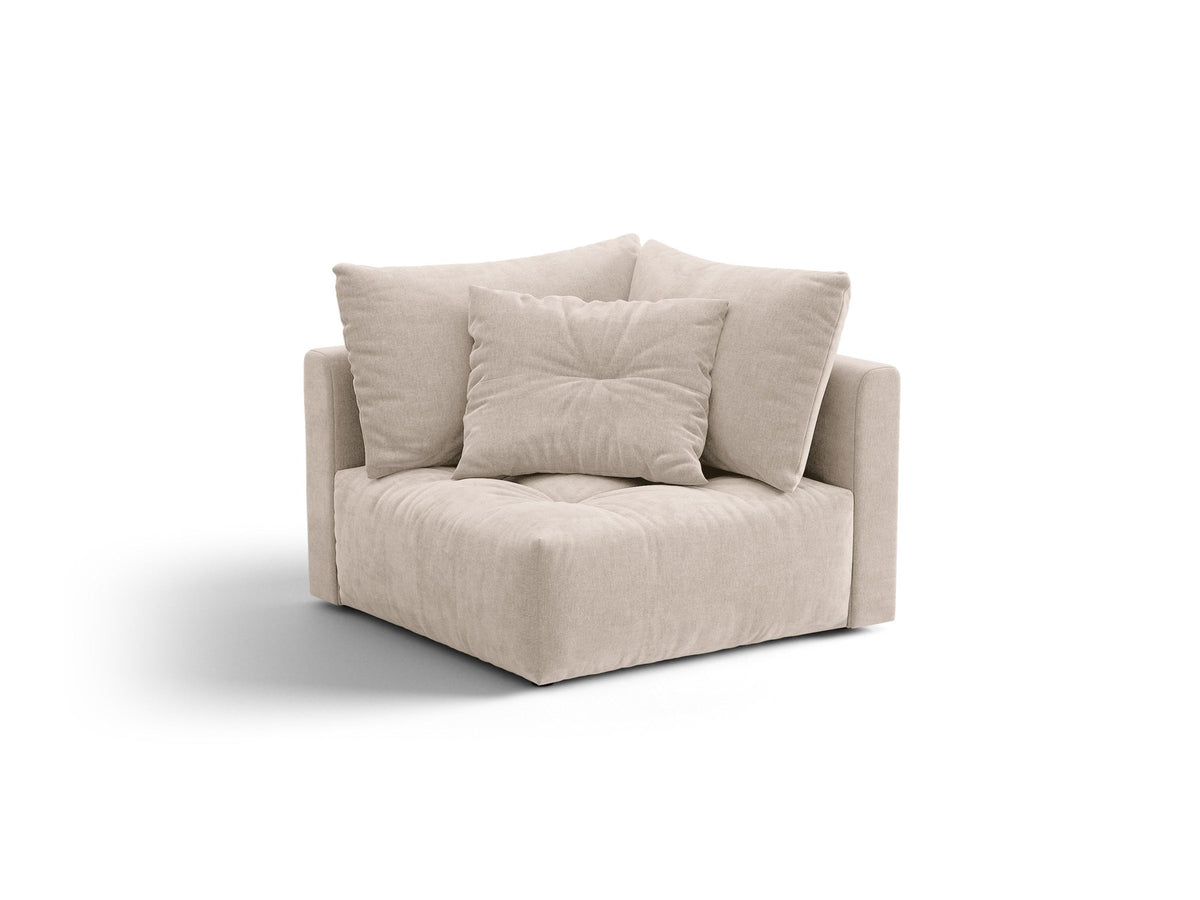 Eckmodul des Bloom Sofas von Micadoni in leichtem Beige, Bezug aus Casino Velours-Stoff, schwarze Kunststoffbeine, gepolsterte Rückenlehne.