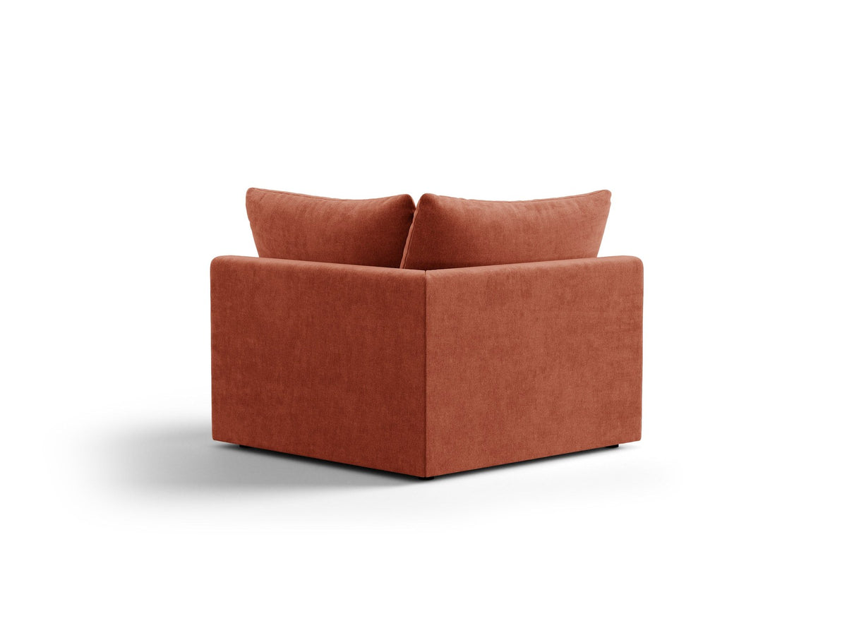 Eckmodul des Bloom Sofas von Micadoni in leichtem Beige, Bezug aus Casino Velours-Stoff, schwarze Kunststoffbeine, gepolsterte Rückenlehne.
