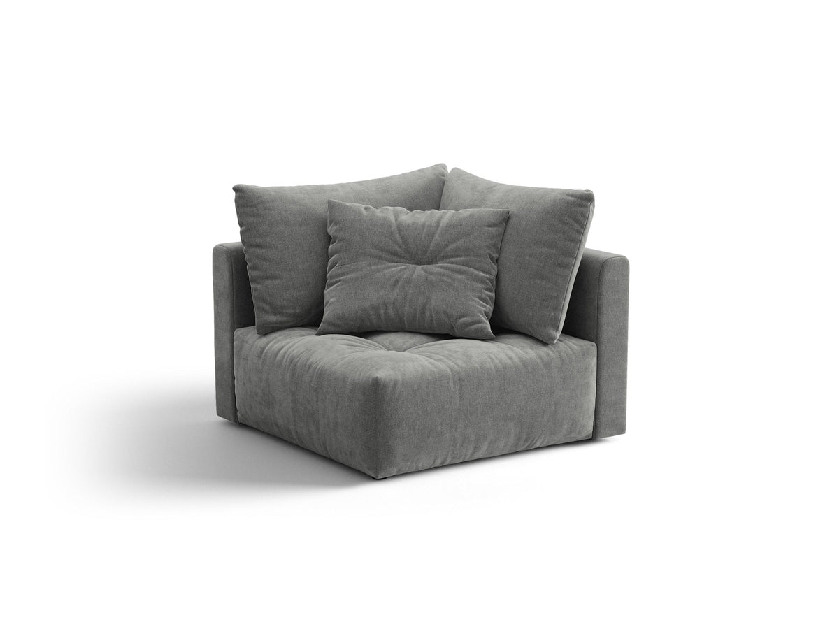 Eckmodul des Bloom Sofas von Micadoni in leichtem Beige, Bezug aus Casino Velours-Stoff, schwarze Kunststoffbeine, gepolsterte Rückenlehne.