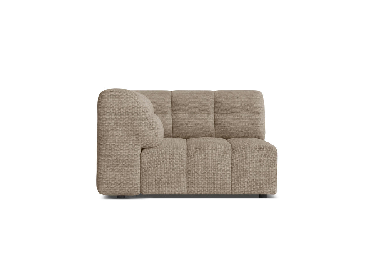 Eckmodul-Sofa Jennifer von Micadoni in leichtem Beige, Chenille-Stoff mit 3D-Optik, schwarze Kunststoffbeine, kompakte Eckform.
