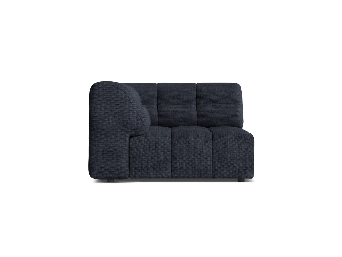 Eckmodul eines modularen Sofas in leichtem Beige mit Chenille-Bezug Eden, schwarzen Kunststoffbeinen und niedriger Rückenlehne.