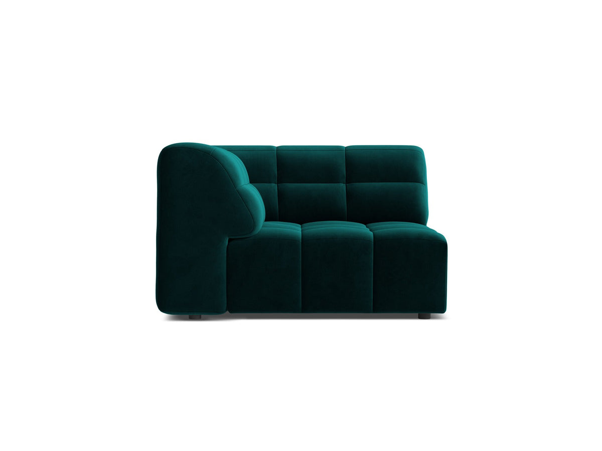 Eckmodul eines modularen Sofas in leichtem Beige mit Chenille-Bezug Eden, schwarzen Kunststoffbeinen und niedriger Rückenlehne.
