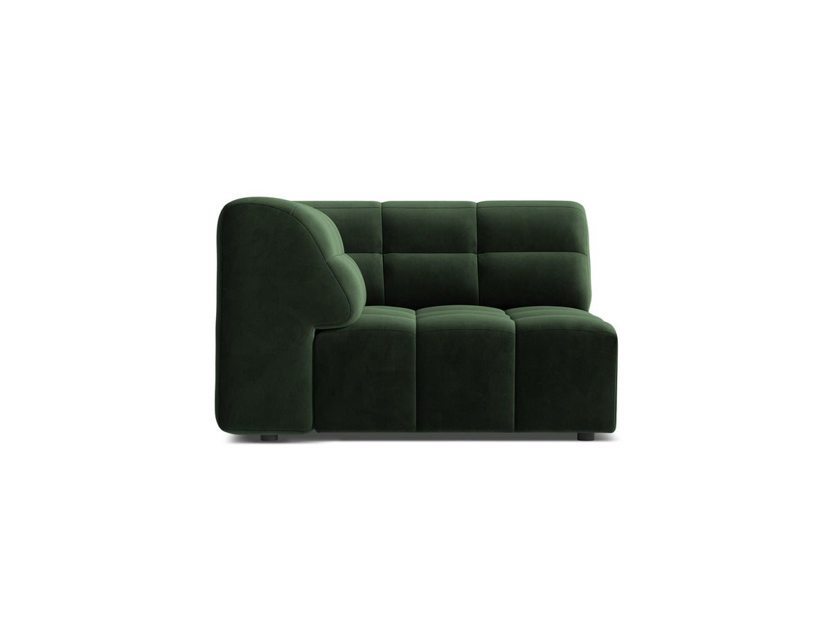 Eckmodul eines modularen Sofas in leichtem Beige mit Chenille-Bezug Eden, schwarzen Kunststoffbeinen und niedriger Rückenlehne.
