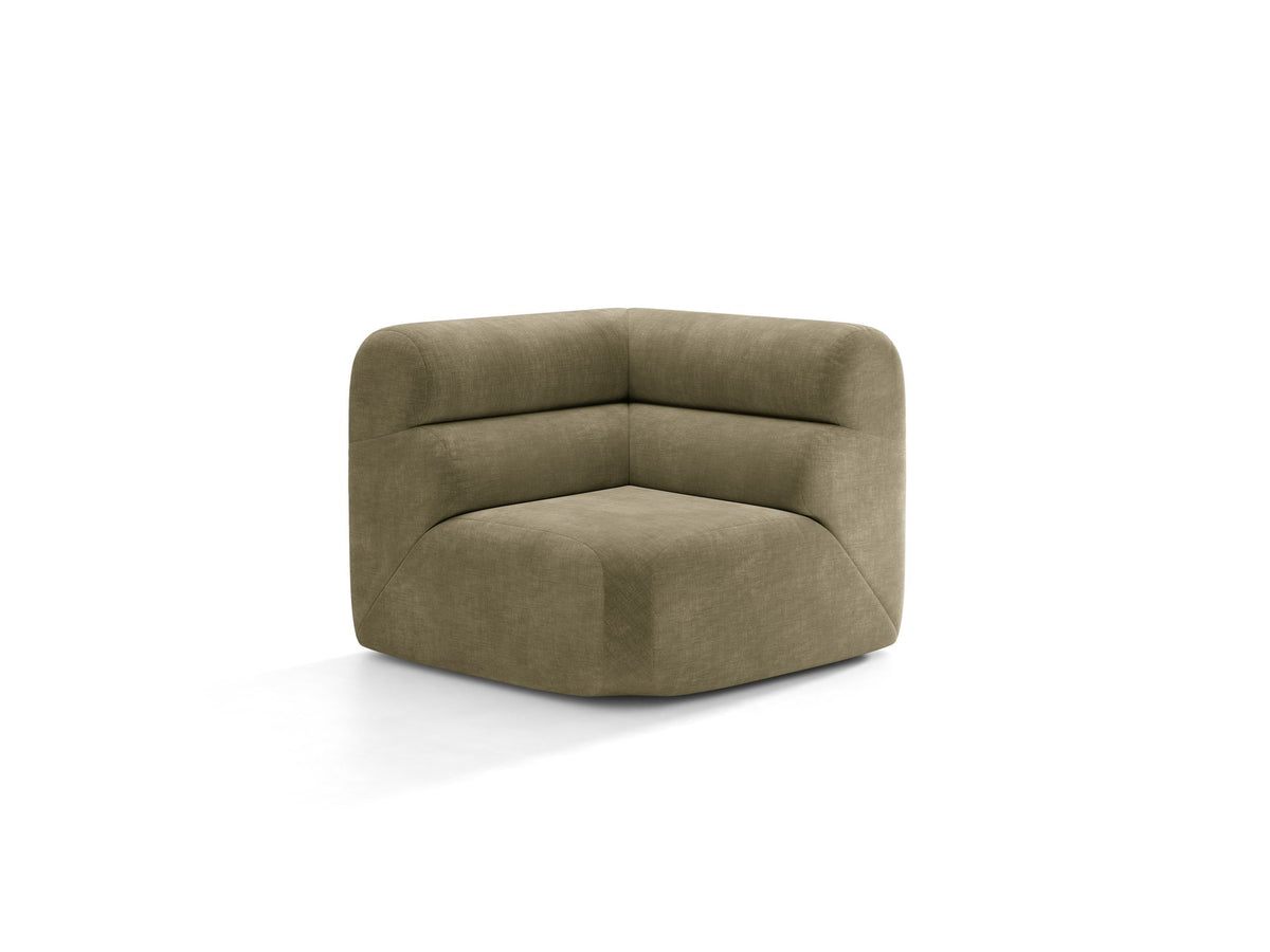 Eckmodul Neo von Micadoni in dunklem Olivgrün, gepolstertes modulares Sofa mit hoher Rückenlehne und schwarzen Kunststoffbeinen.