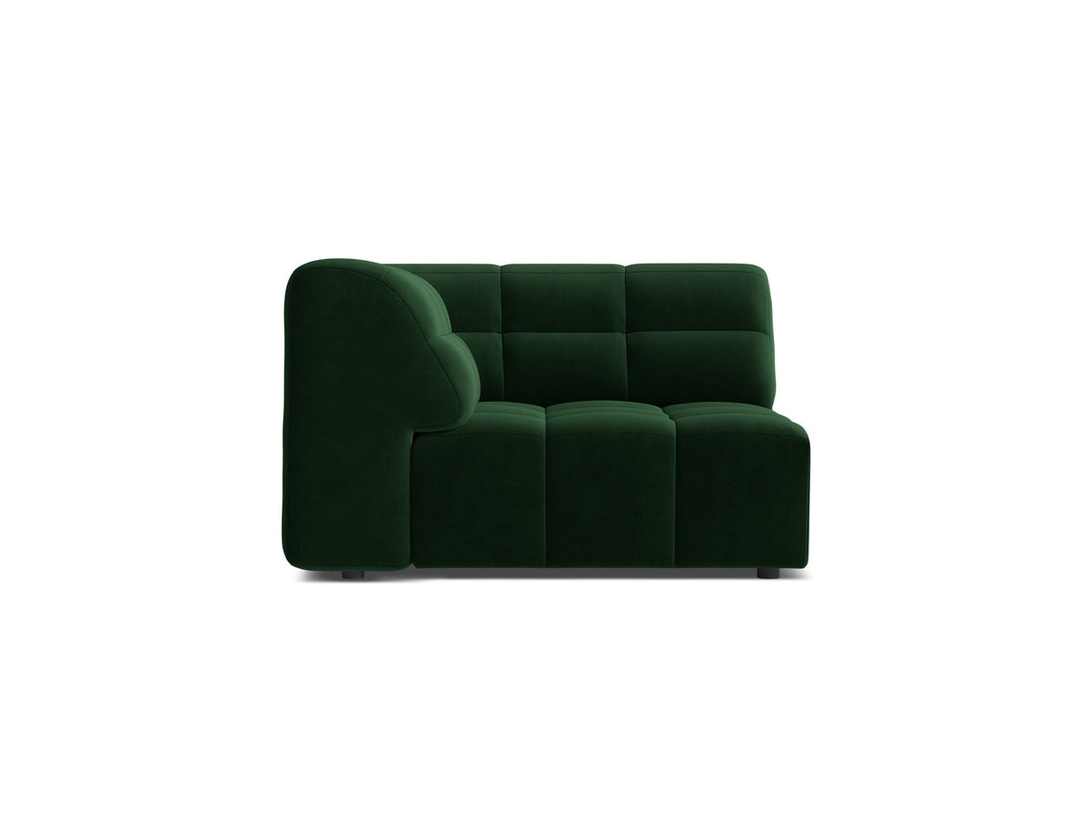 Eckmodul eines modularen Sofas in leichtem Beige mit Chenille-Bezug Eden, schwarzen Kunststoffbeinen und niedriger Rückenlehne.