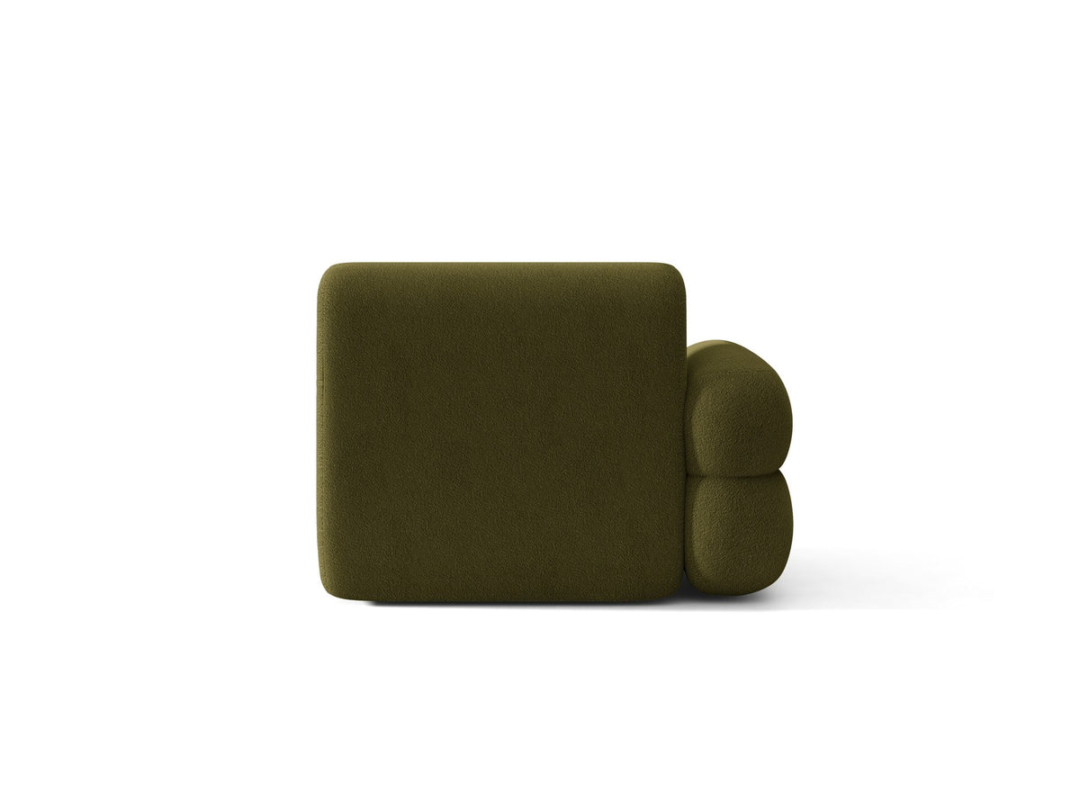 Modulares Sofa Neo von Micadoni in Dunkles olivgrün mit strukturiertem Bouclé-Stoffbezug, schwarzen Kunststoffbeinen und hoher Rückenlehne.