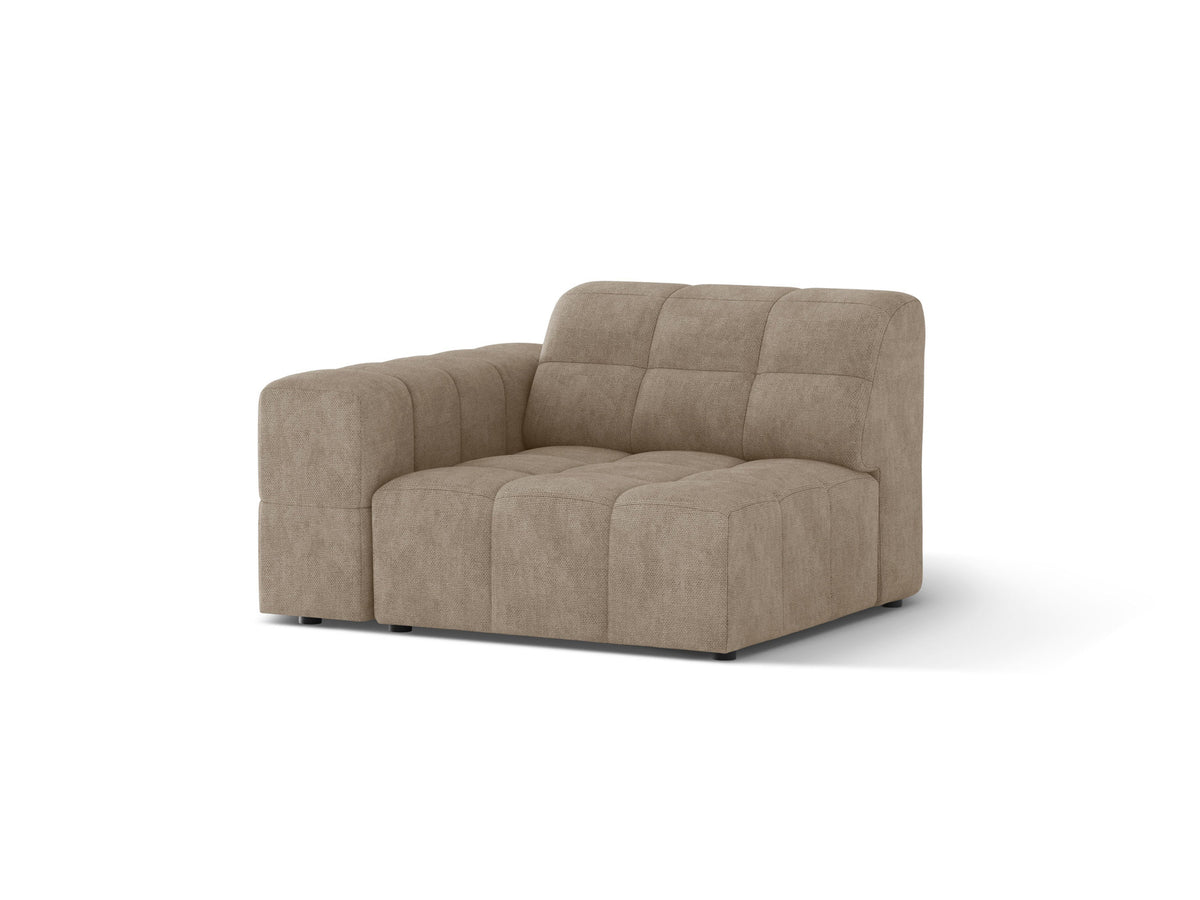 Sofamodul Jennifer links, 106cm breit, in leichtem Beige, Chenille-Stoff mit 3D-Effekt, schwarze Kunststoffbeine, Ansicht schräg von vorne.
