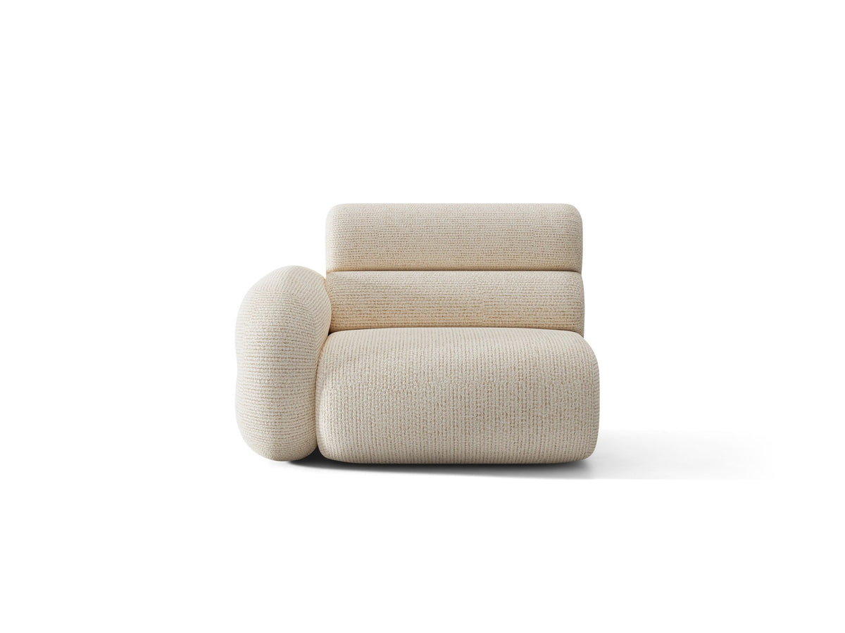 Modulares Sofa Neo von Micadoni in Dunkles olivgrün mit strukturiertem Bouclé-Stoffbezug, schwarzen Kunststoffbeinen und hoher Rückenlehne.