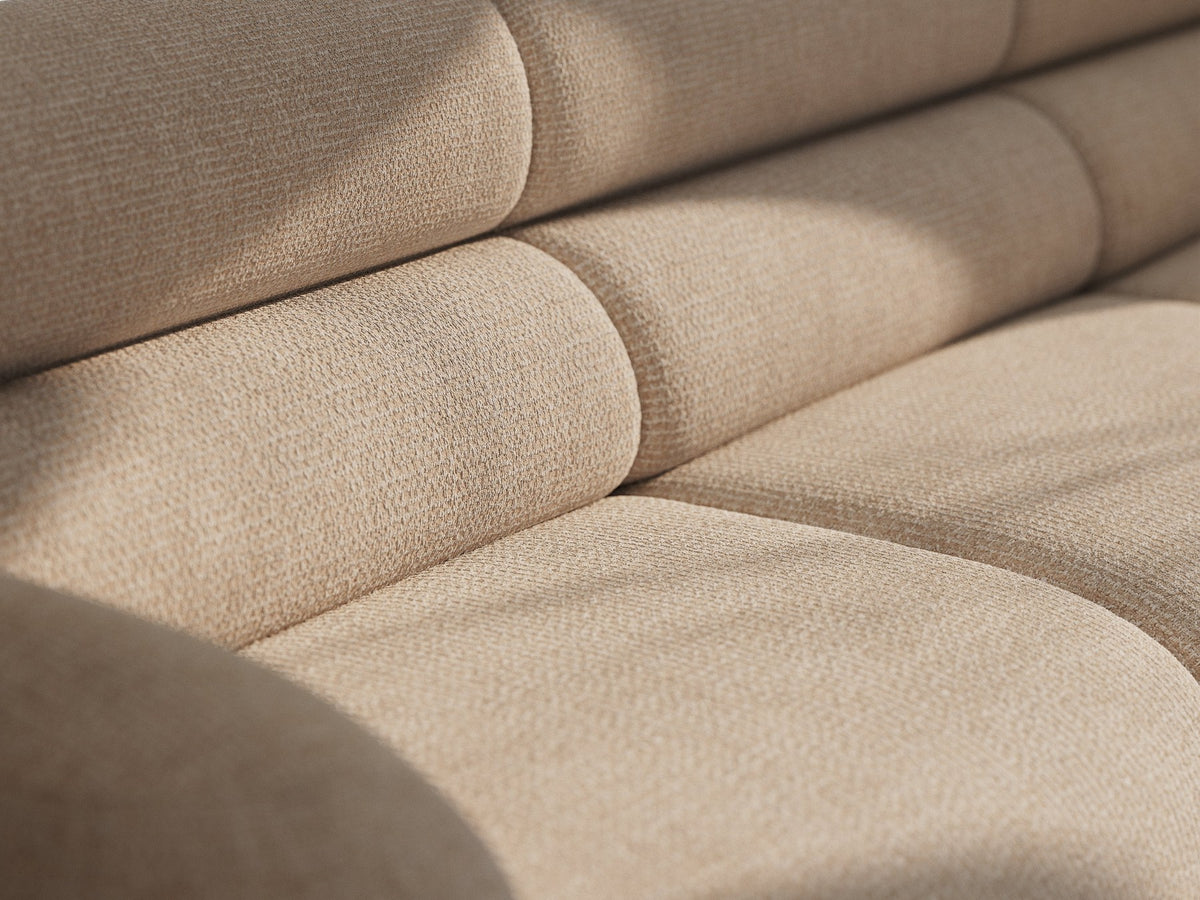 Modulares Sofa Neo von Micadoni in Dunkles olivgrün mit strukturiertem Bouclé-Stoffbezug, schwarzen Kunststoffbeinen und hoher Rückenlehne.