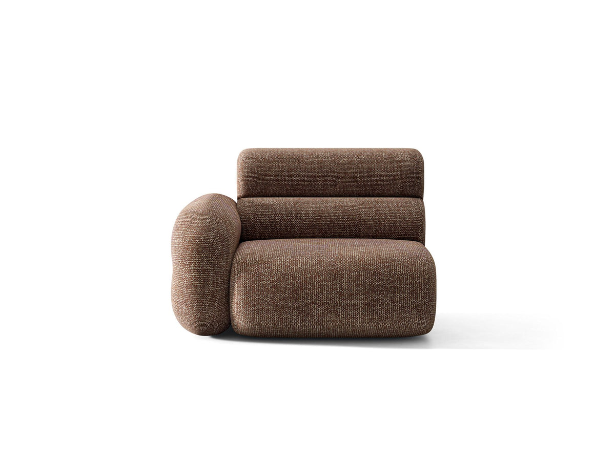 Modulares Sofa Neo von Micadoni in Dunkles olivgrün mit strukturiertem Bouclé-Stoffbezug, schwarzen Kunststoffbeinen und hoher Rückenlehne.