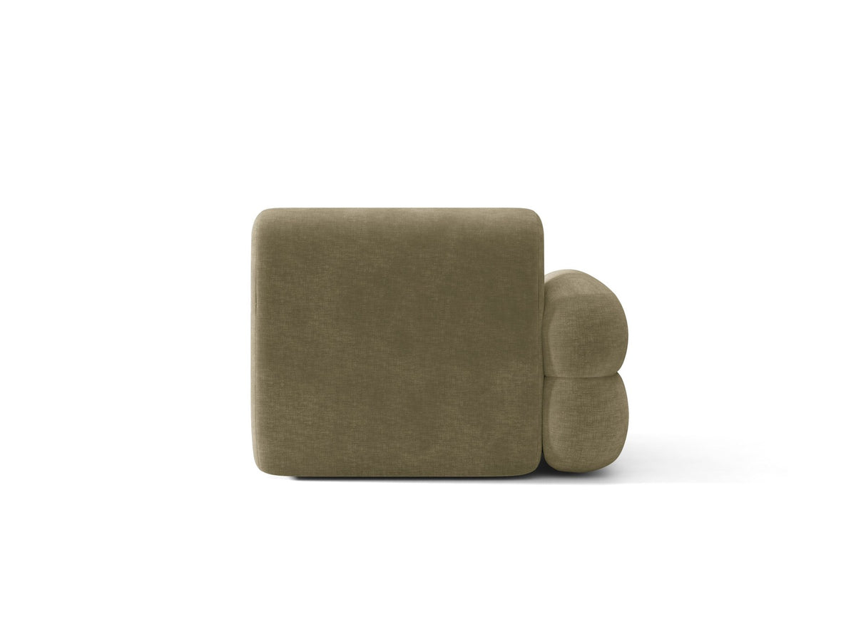 Modulares Sofa Neo von Micadoni in Dunkles olivgrün mit strukturiertem Bouclé-Stoffbezug, schwarzen Kunststoffbeinen und hoher Rückenlehne.