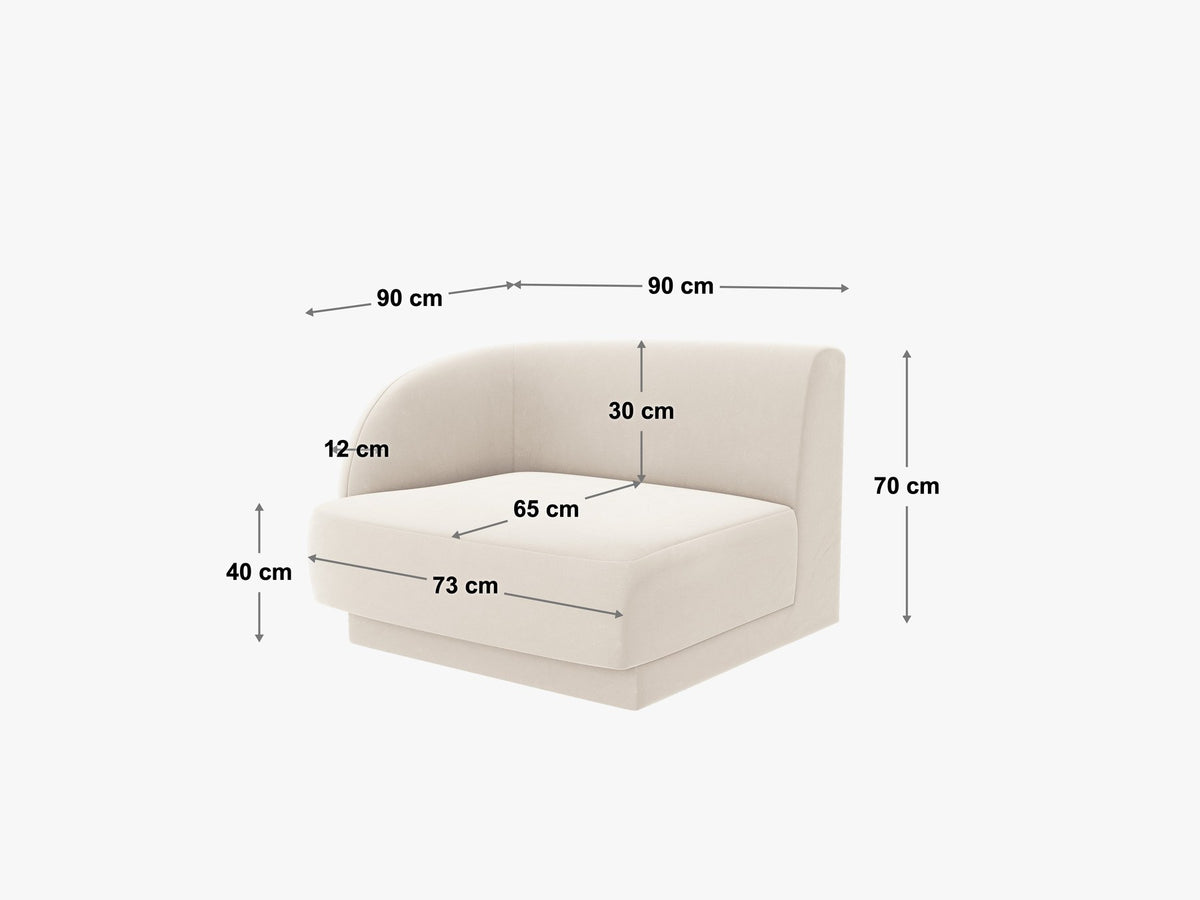 Miley Einsitzer von Micadoni: modulares Sofa-Modul in Dunkelbeige mit Stoffbezug Bluvel 30, schwarzen Kunststoffbeinen und gepolsterter Rückenlehne.