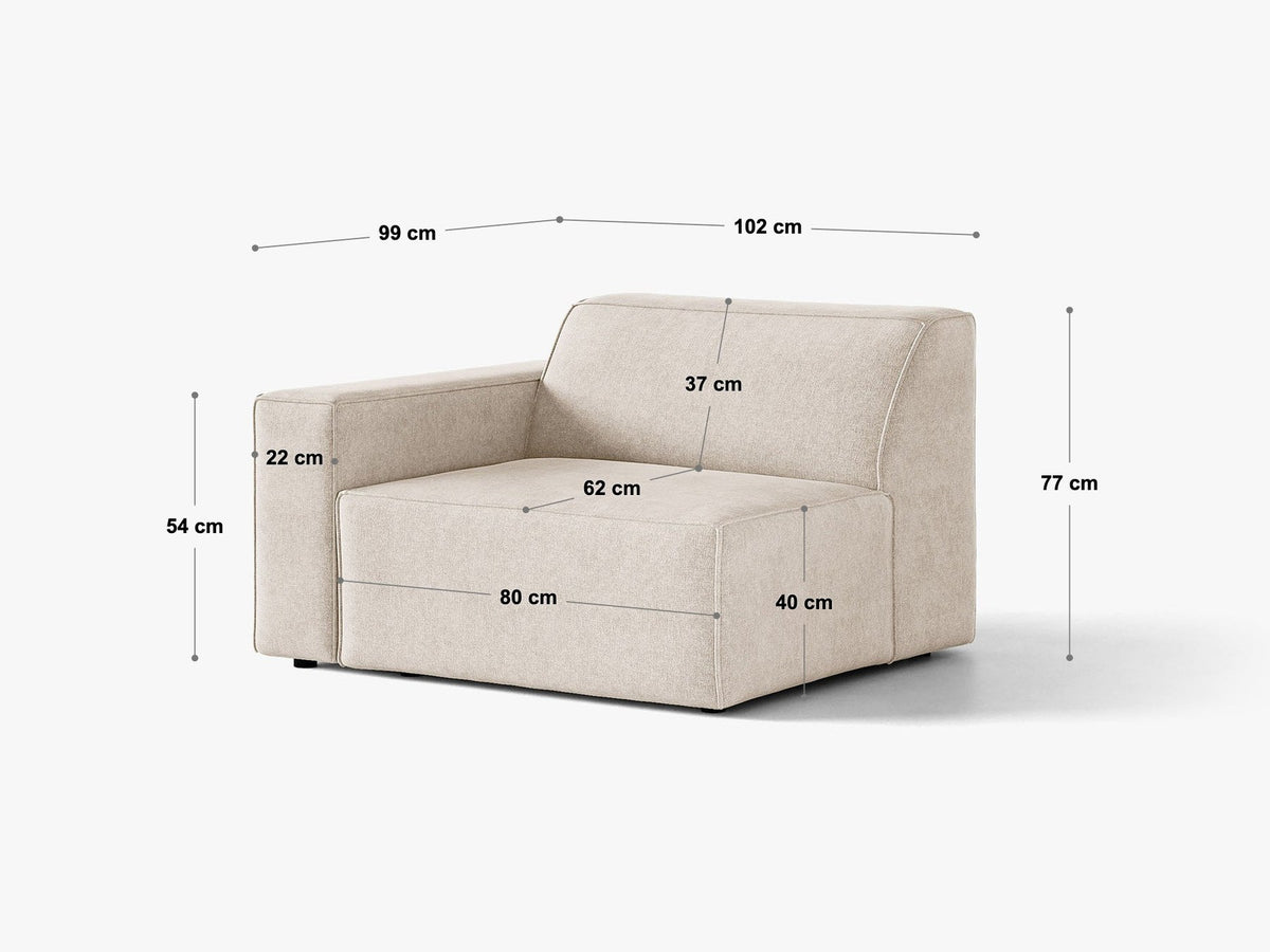 Modulares Sofa Jodie von Micadoni in leichtem Beige mit Venus-Samtstoff, schwarzen Kunststoffbeinen und rechtsseitiger Ausrichtung.