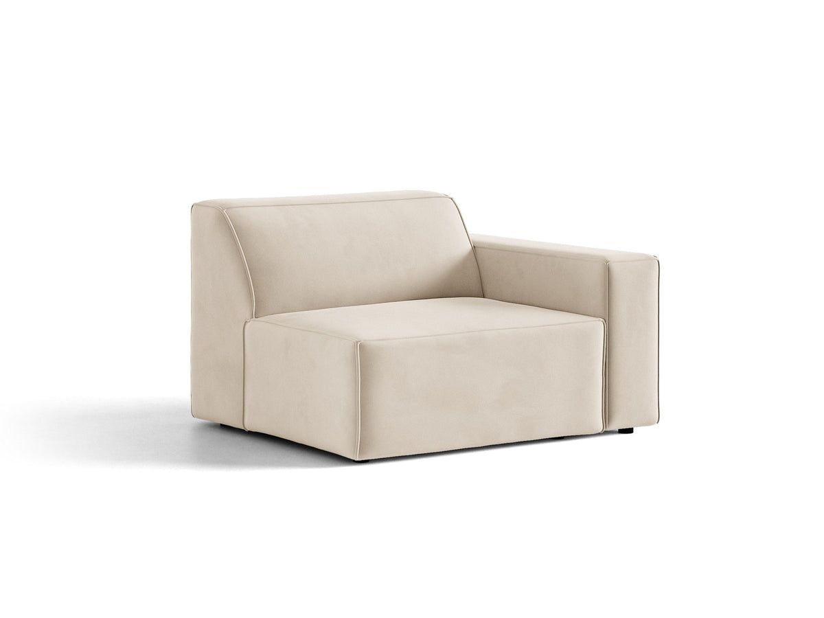 Modulares Sofa Jodie von Micadoni in leichtem Beige mit Venus-Samtstoff, schwarzen Kunststoffbeinen und rechtsseitiger Ausrichtung.