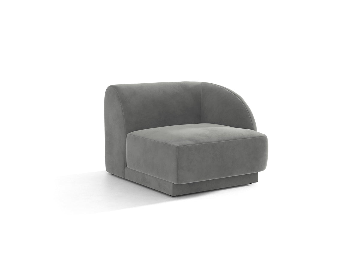 Miley Einsitzer von Micadoni: modulares Sofa-Modul in Dunkelbeige mit Stoffbezug Bluvel 30, schwarzen Kunststoffbeinen und gepolsterter Rückenlehne.