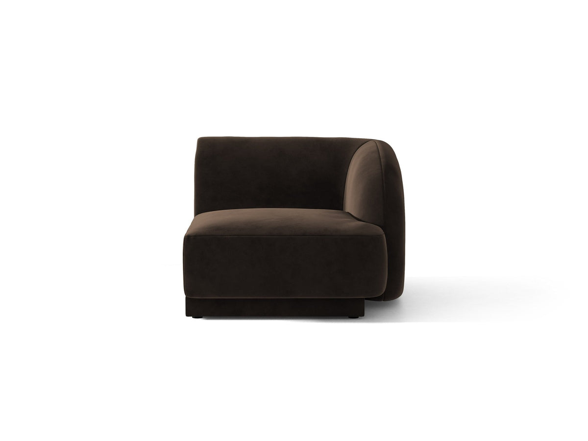 Miley Einsitzer von Micadoni: modulares Sofa-Modul in Dunkelbeige mit Stoffbezug Bluvel 30, schwarzen Kunststoffbeinen und gepolsterter Rückenlehne.